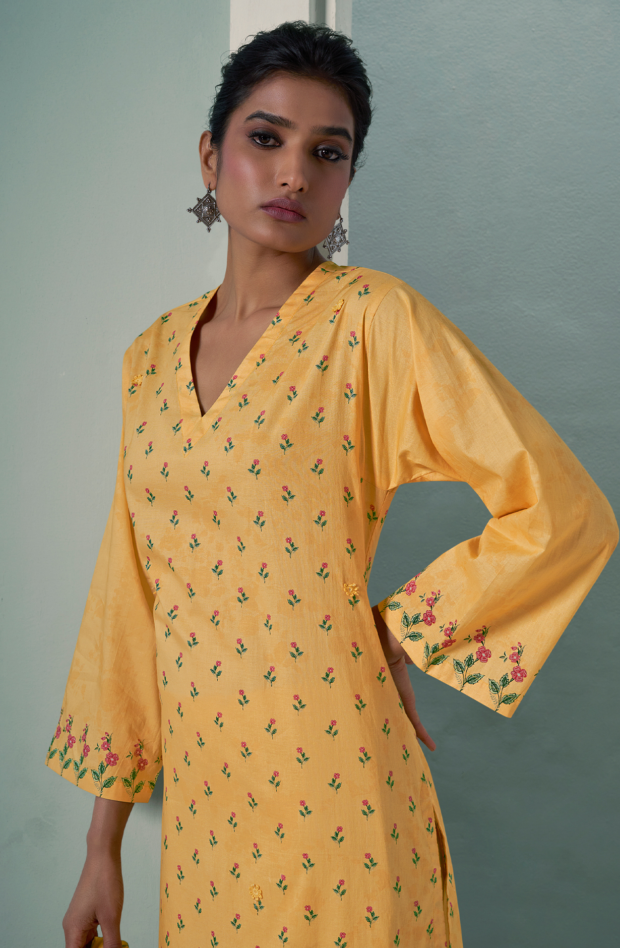 Mustard Yellow Cotton Lawn Digital Printed Unstitched Suit with Embroidery Work - PUS655