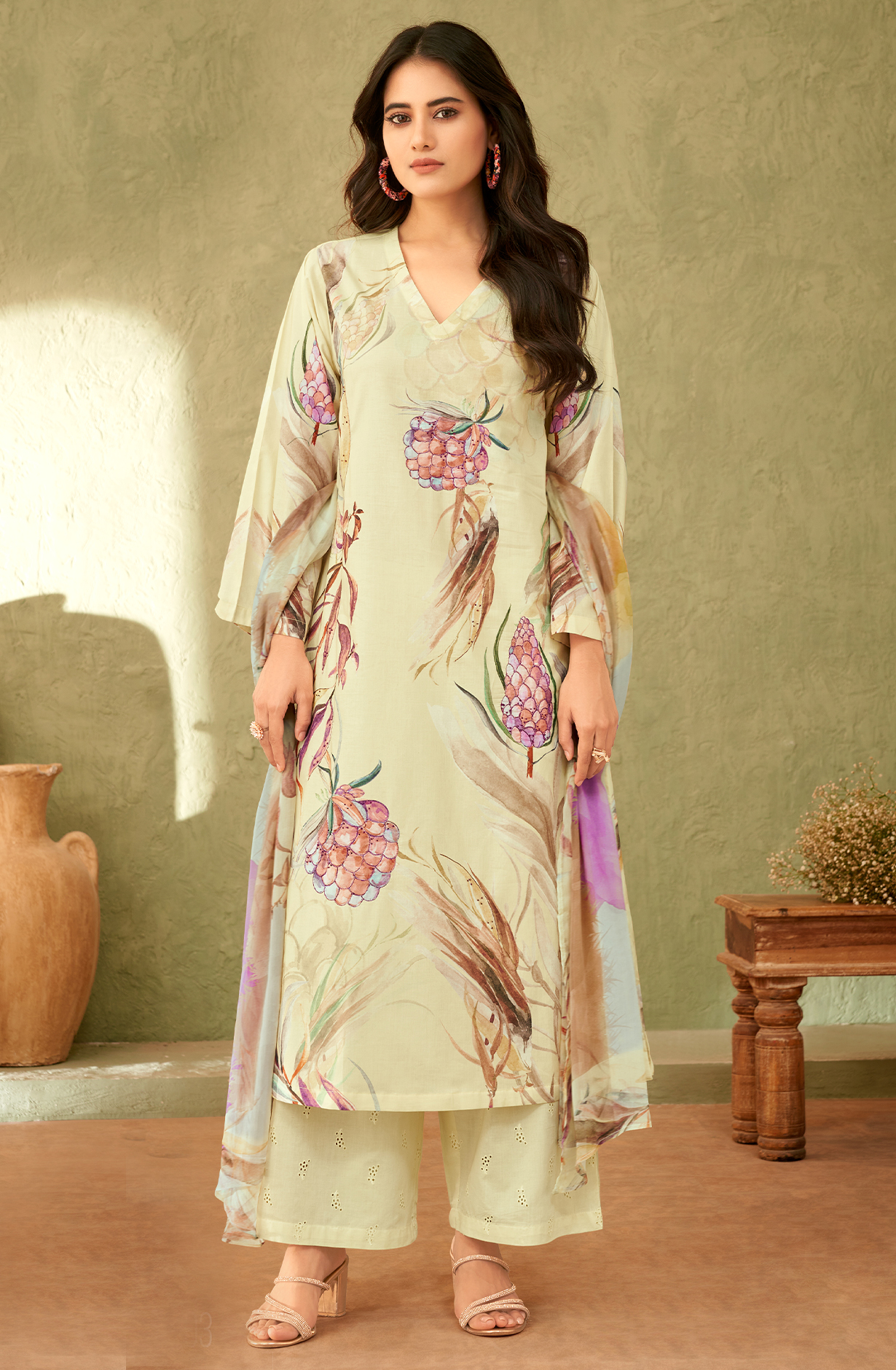 Cream Cotton Digital Printed Salwar Kameez with Handwork - QAH7203