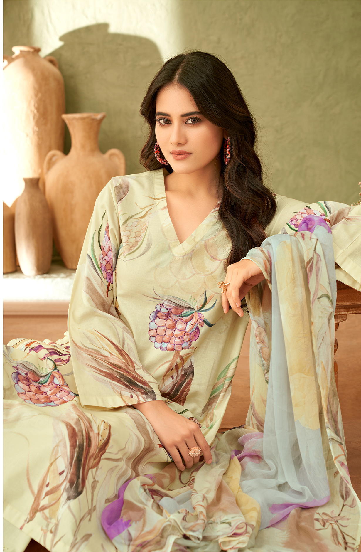 Cream Cotton Digital Printed Salwar Kameez with Handwork - QAH7203