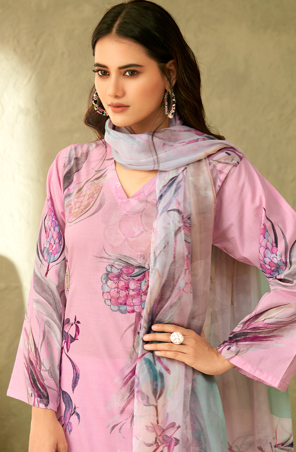 Baby Pink Cotton Digital Printed Salwar Kameez with Handwork - QAH7265