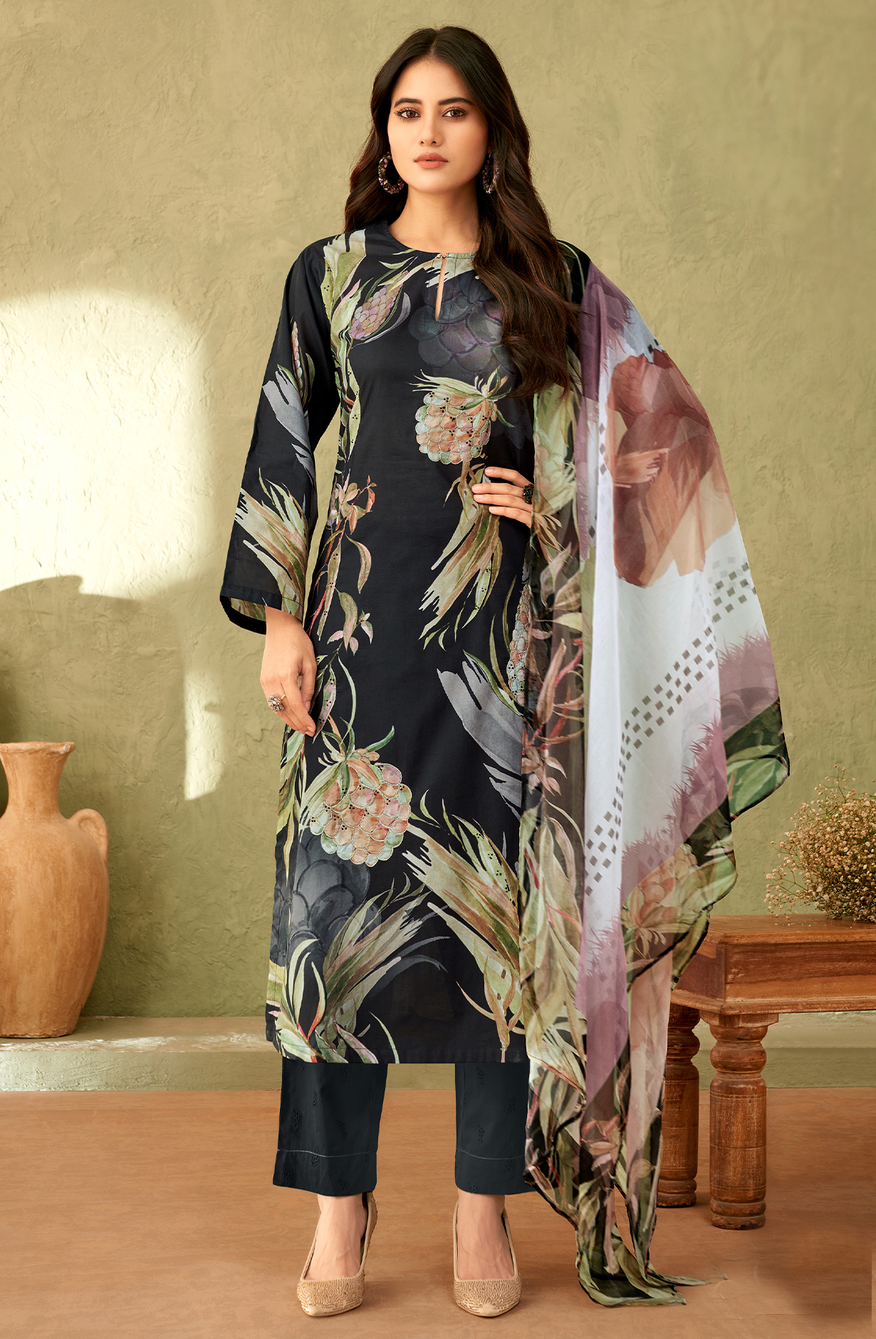 Black Cotton Digital Printed Salwar Kameez with Handwork - QAH7281