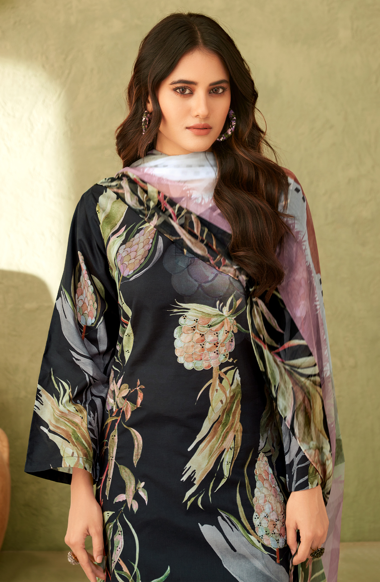 Black Cotton Digital Printed Salwar Kameez with Handwork - QAH7281