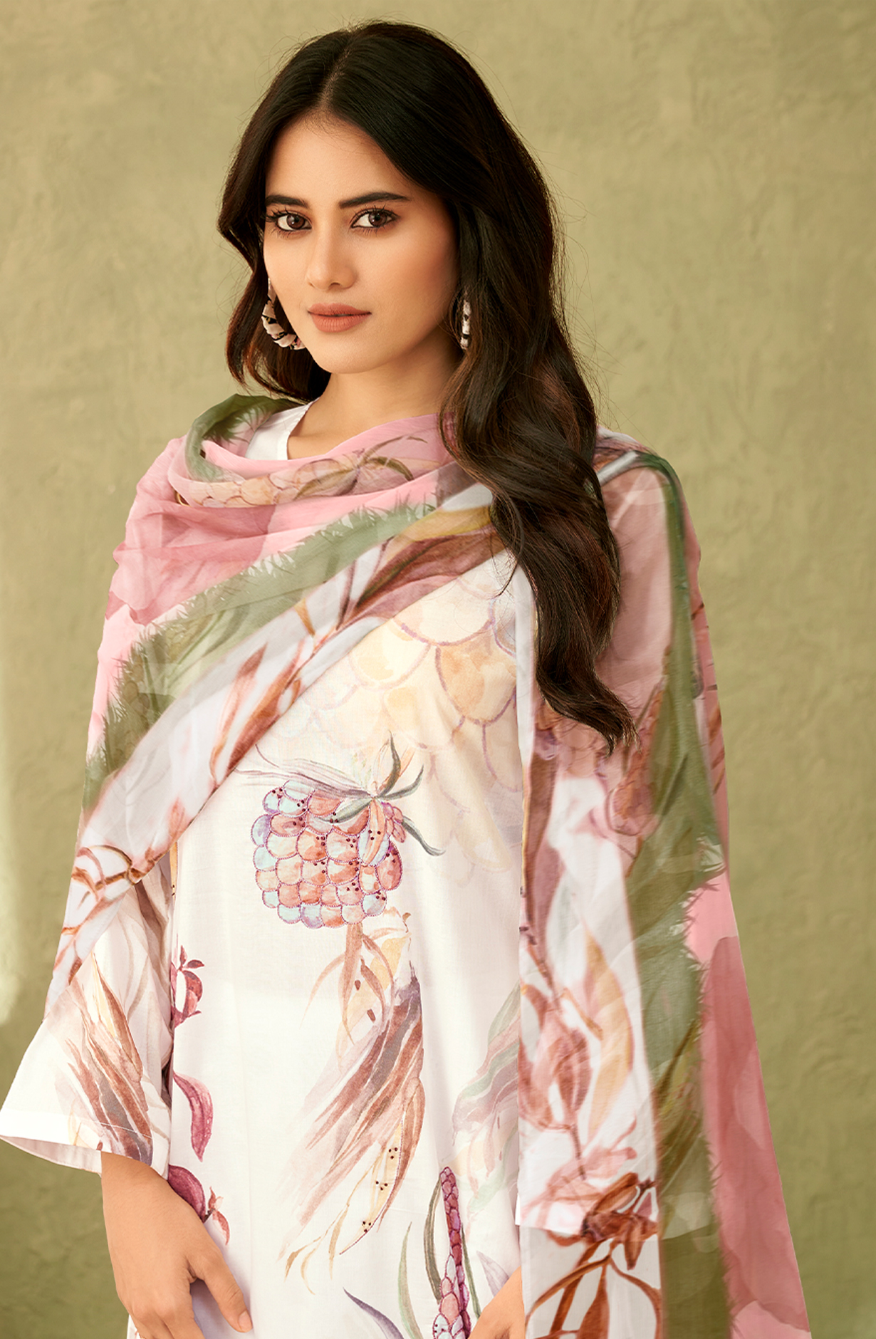 White Cotton Digital Printed Salwar Kameez with Handwork - QAH7298