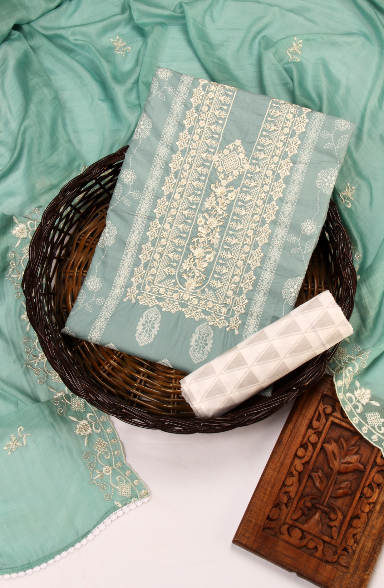 Green Cotton Unstitched Salwar Suit with Trendy Dupatta - QAIS0036