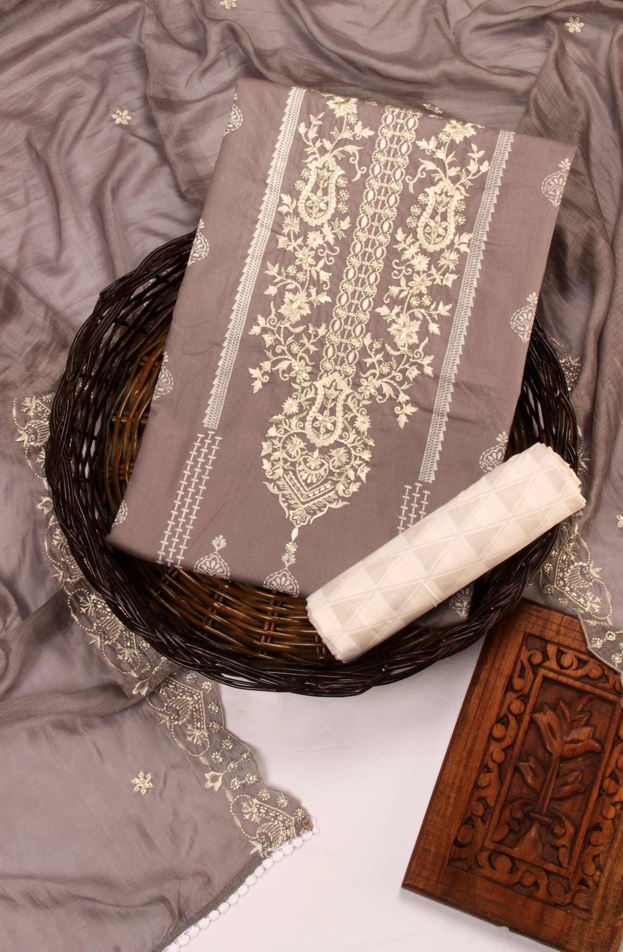 Grey Cotton Unstitched Salwar Suit with Trendy Dupatta - QAIS0038