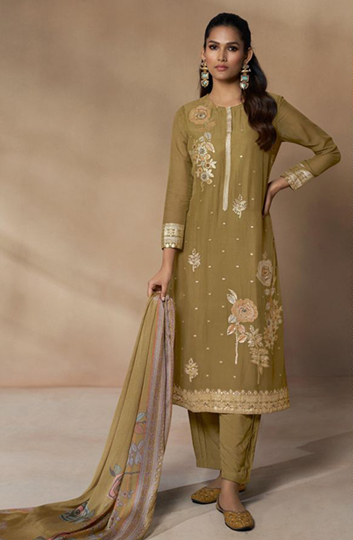 Mehndi Organza Suit with Handwork and Beautiful Chinon Dupatta- QAL336