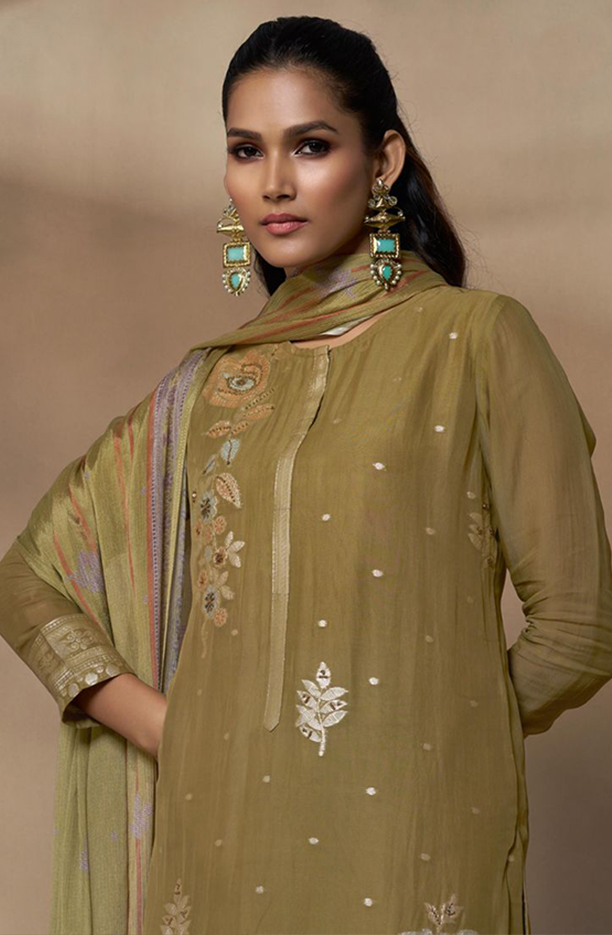 Mehndi Organza Suit with Handwork and Beautiful Chinon Dupatta- QAL336