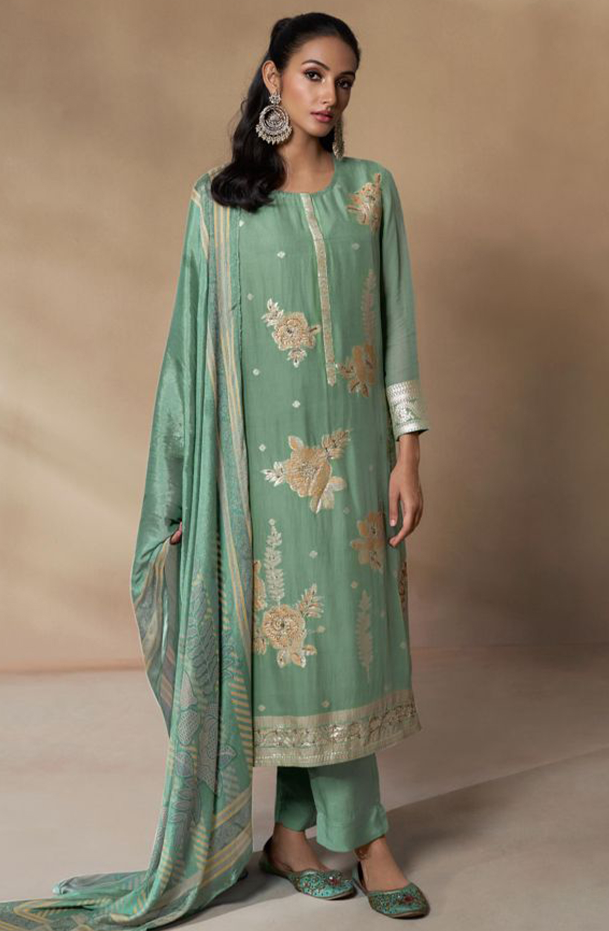 Sea Green Organza Suit with Handwork and Beautiful Chinon Dupatta - QAL362