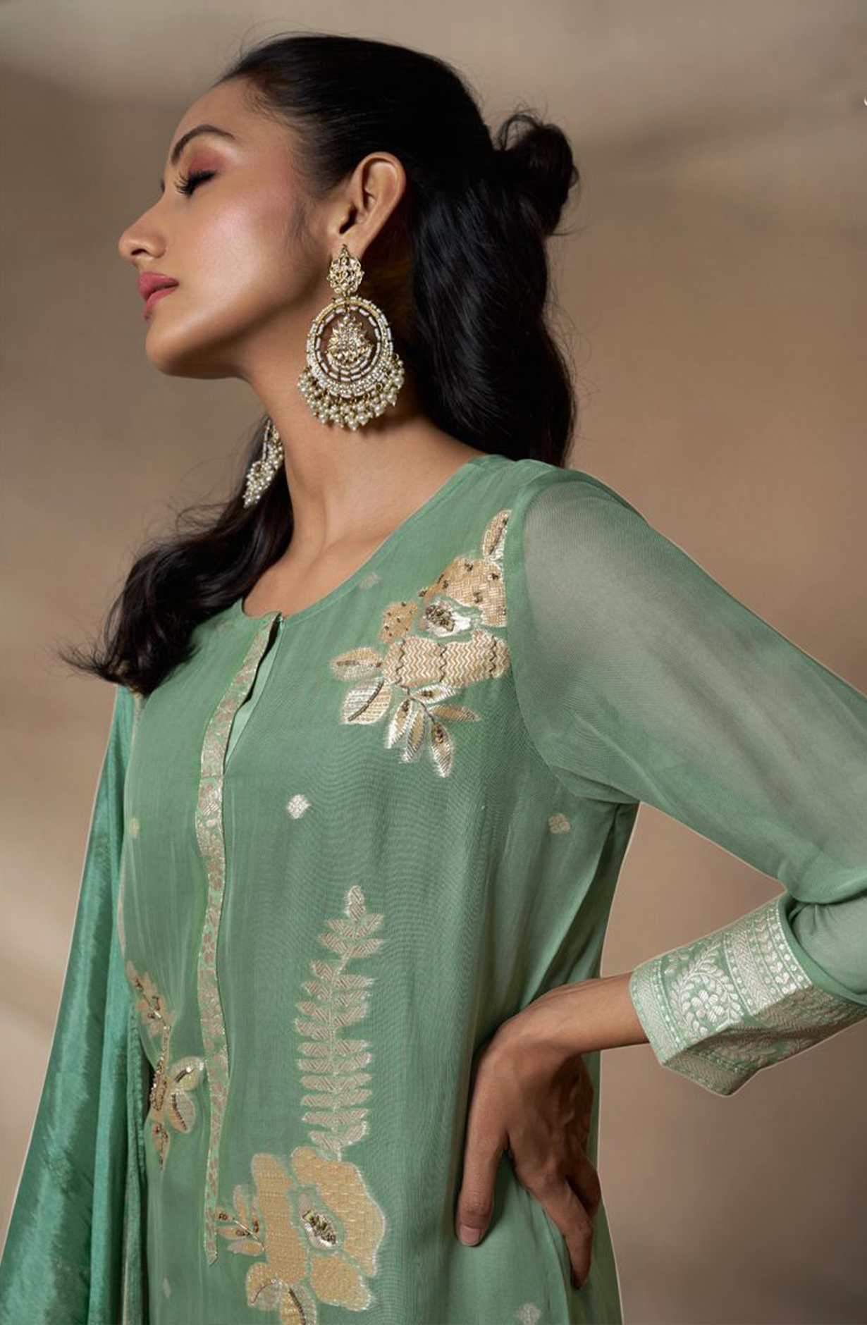 Sea Green Organza Suit with Handwork and Beautiful Chinon Dupatta - QAL362