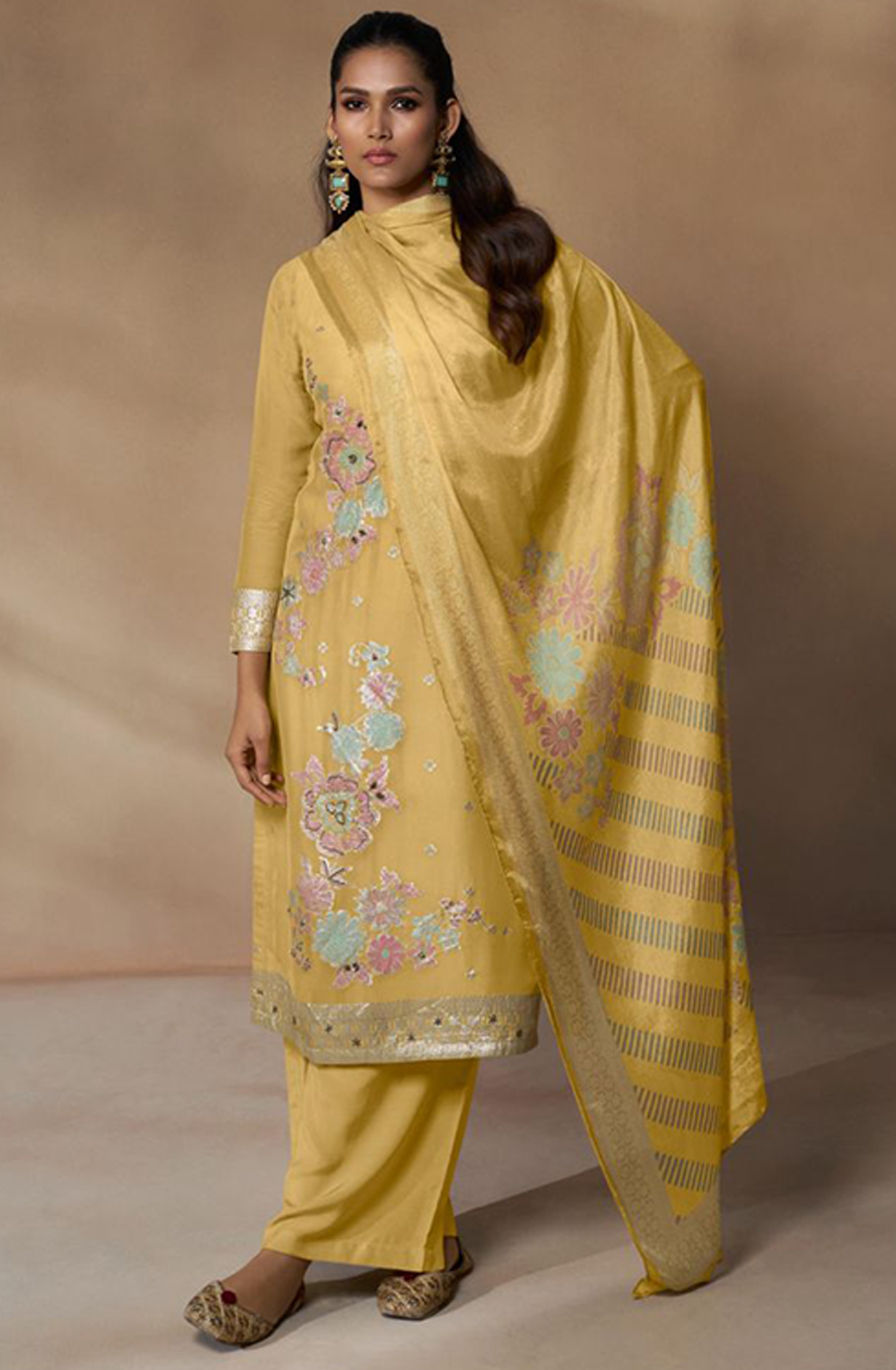 Mustard Organza Suit with Handwork and Beautiful Chinon Dupatta - QAL375