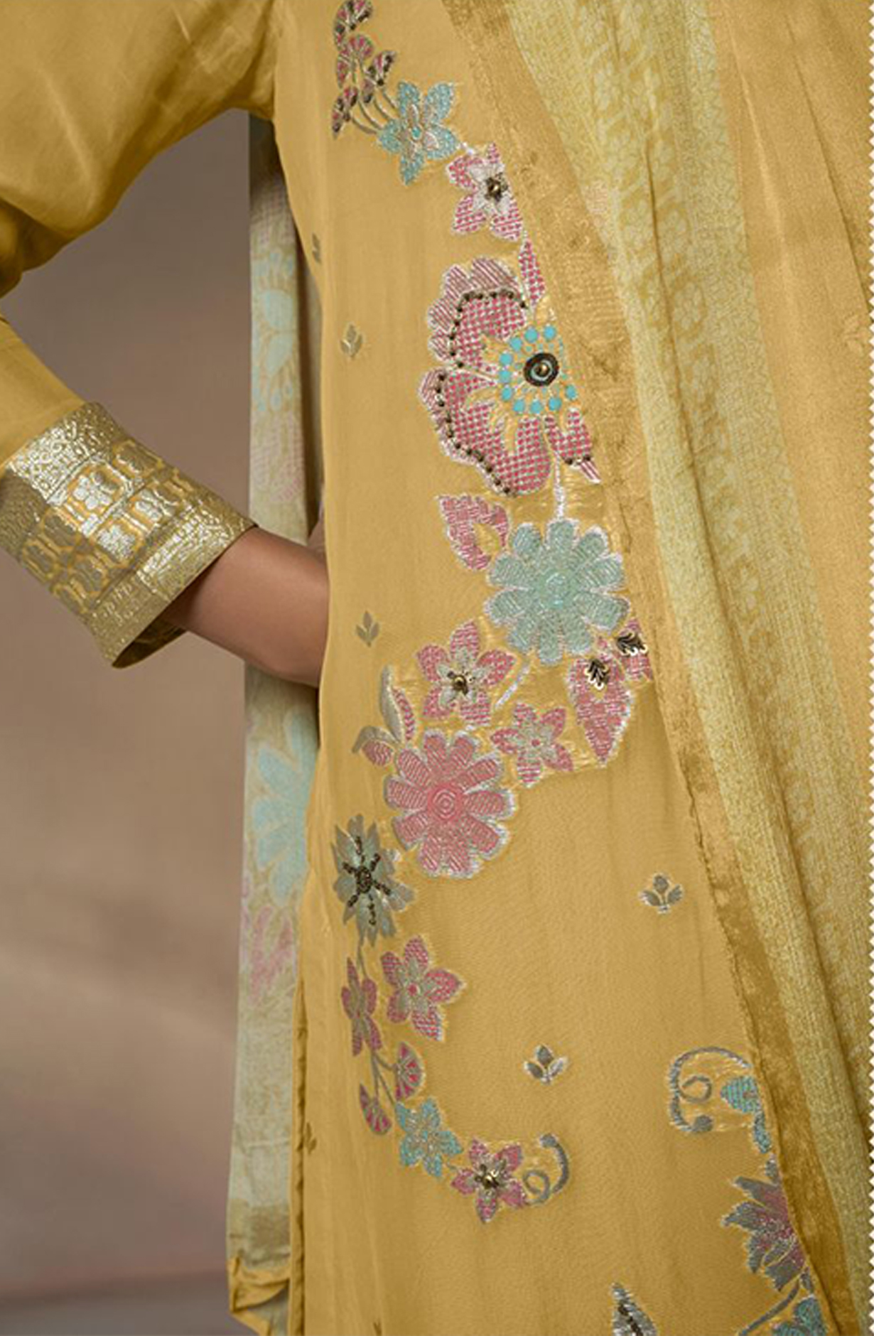 Mustard Organza Suit with Handwork and Beautiful Chinon Dupatta - QAL375