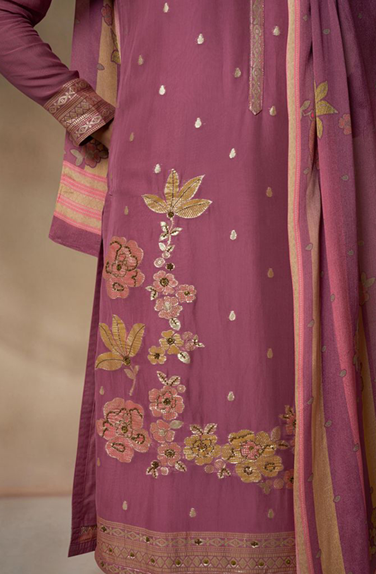 Mauve Organza Suit with Handwork and Beautiful Chinon Dupatta - QAL378