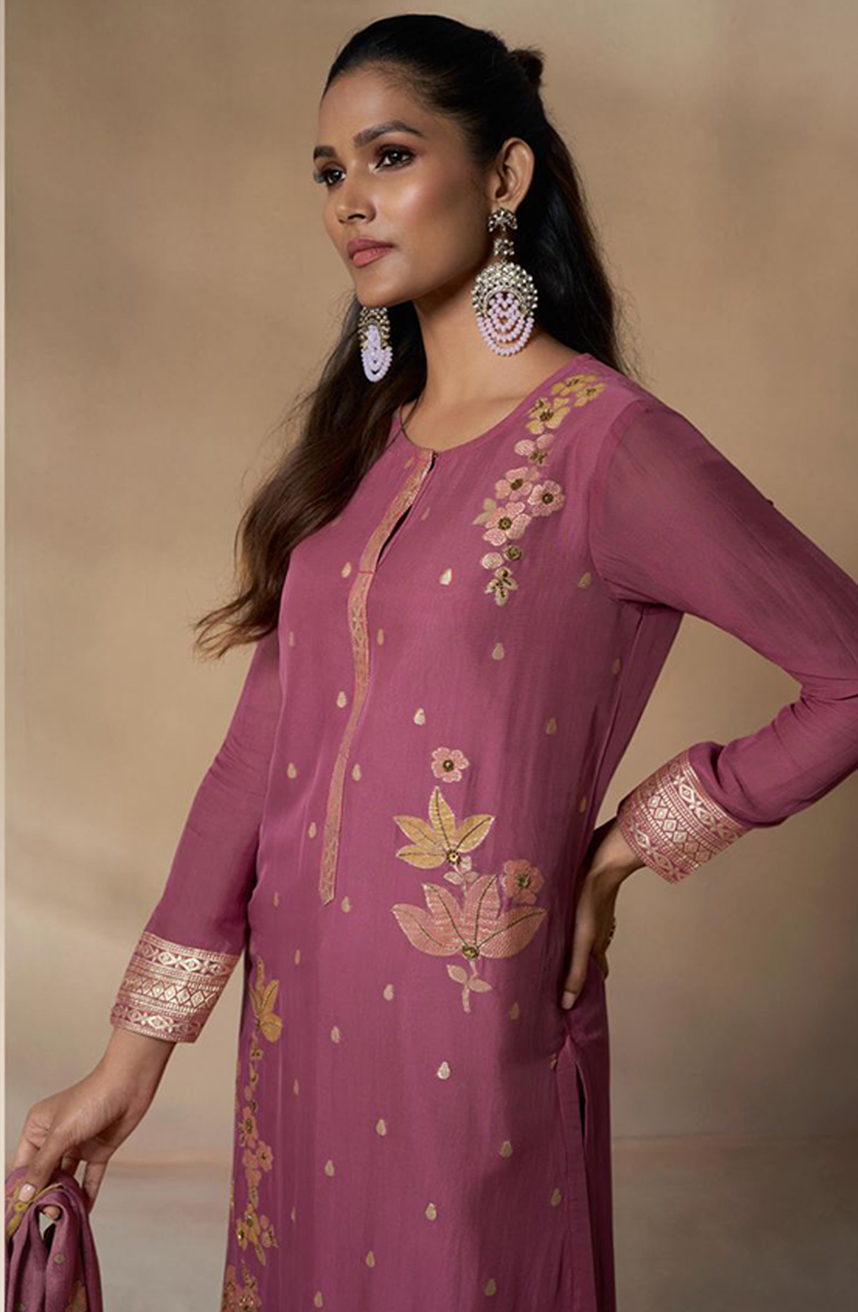 Mauve Organza Suit with Handwork and Beautiful Chinon Dupatta - QAL378