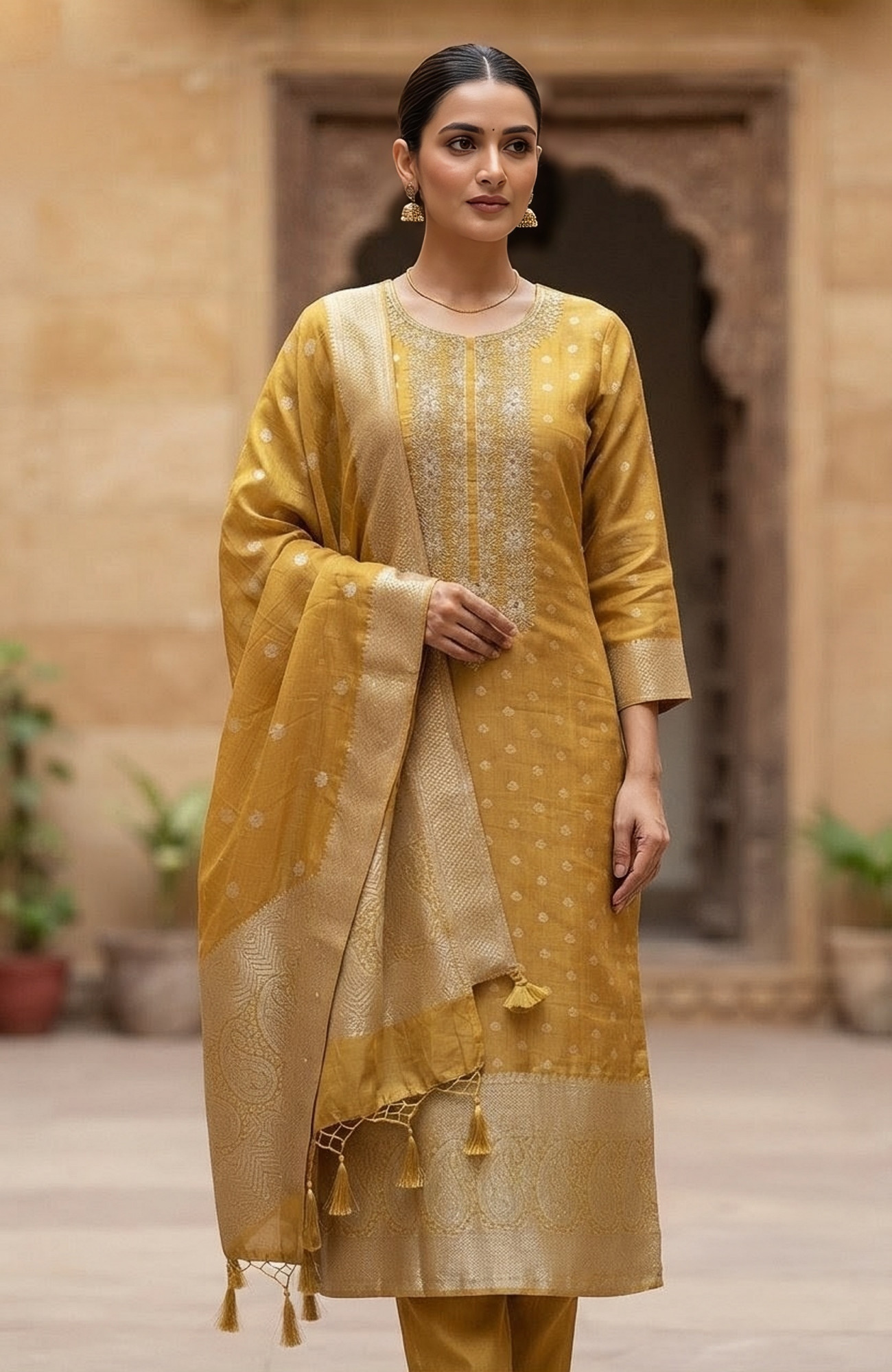 Yellow Chanderi Silk Beautiful Unstitch suit set with Dupatta - R157-SPR1958A