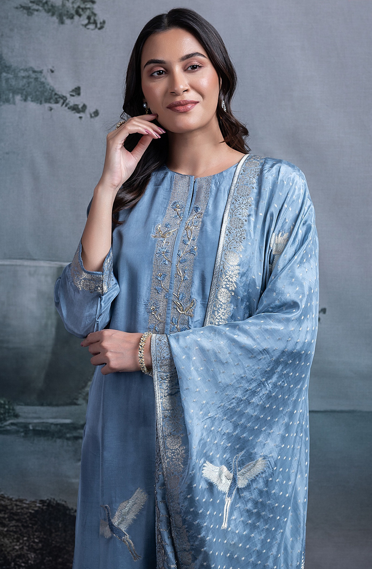 Blue Silk Jacquard Suit with Dupatta - R157-SPR2389B