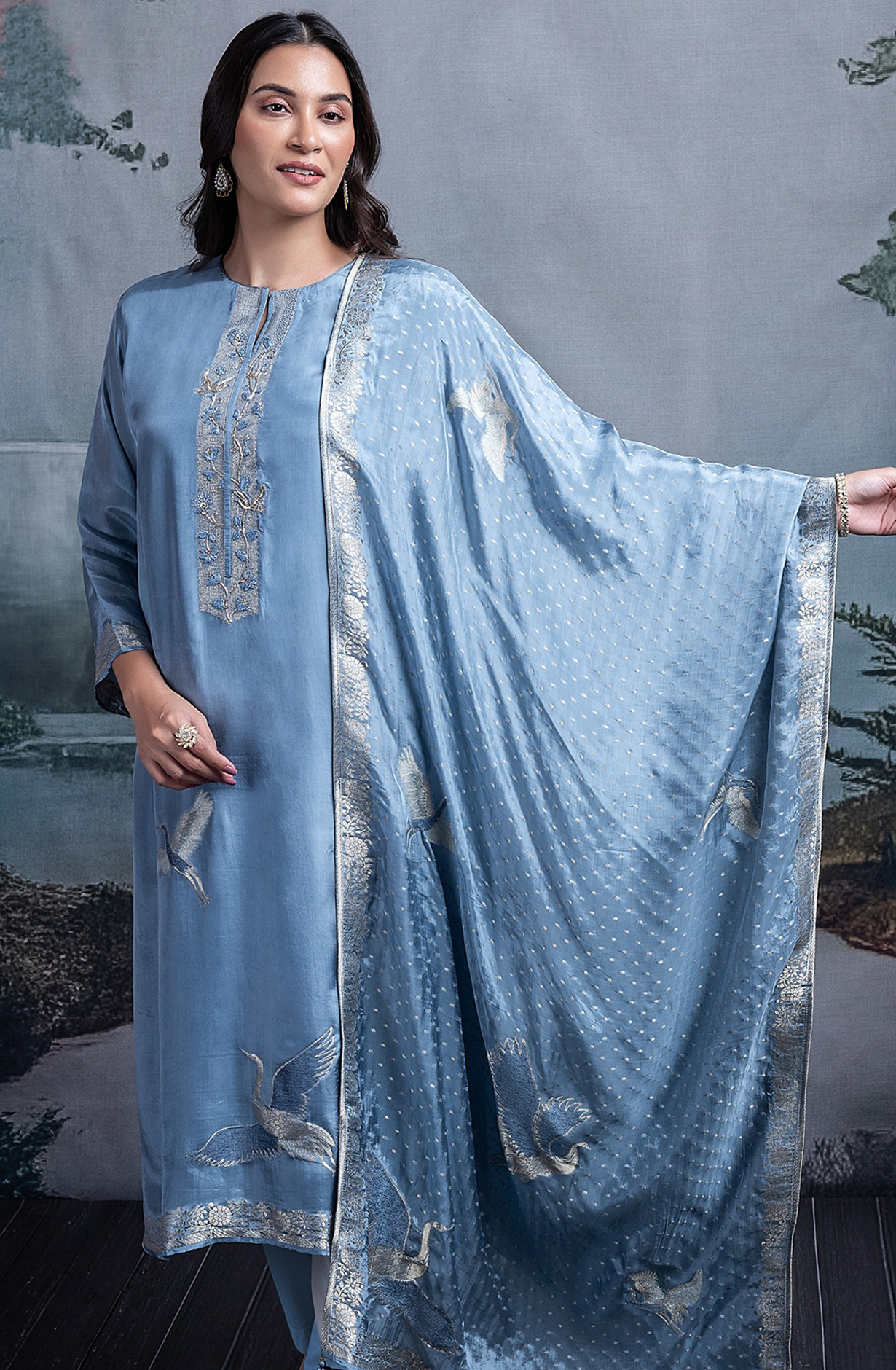 Blue Silk Jacquard Suit with Dupatta - R157-SPR2389B