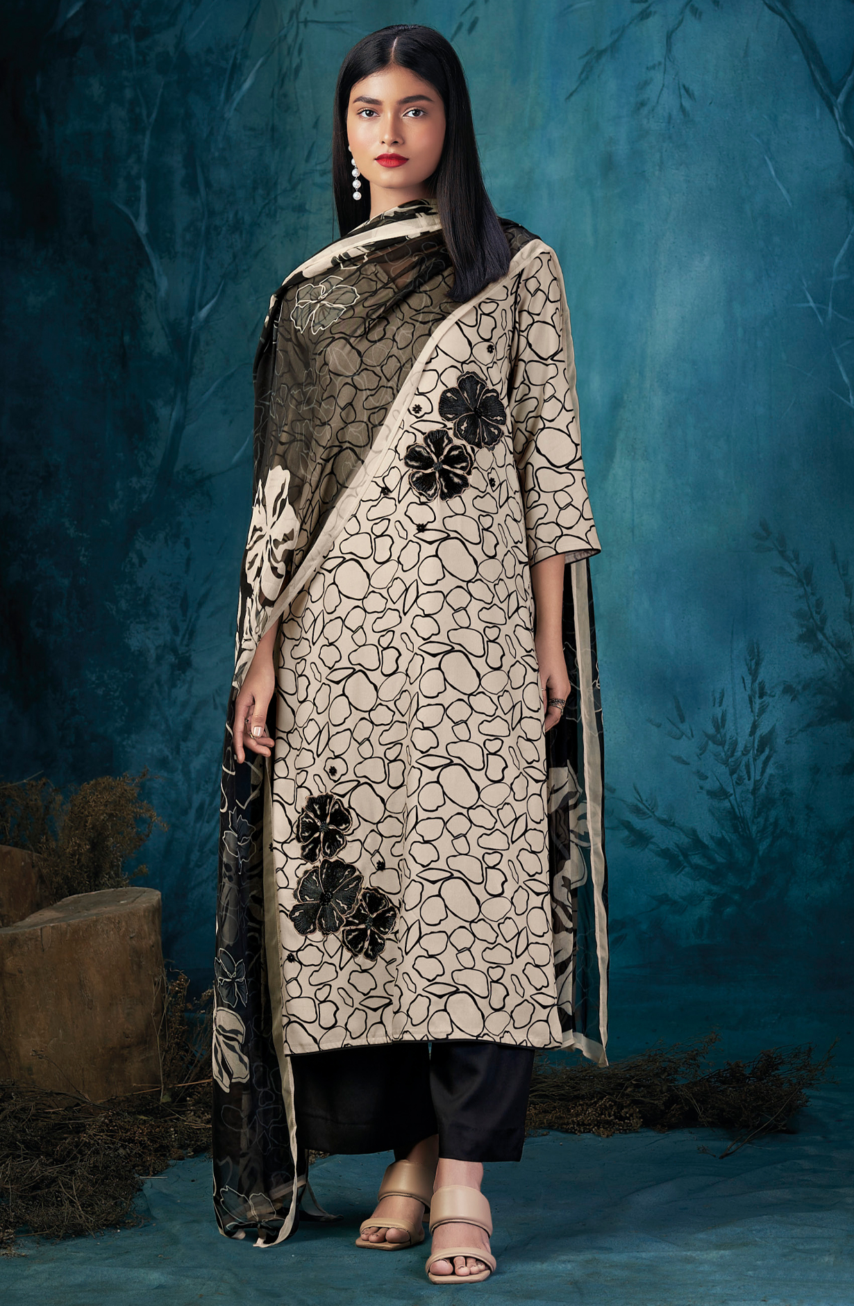 Off-white and Black Spun Unstitched Suit with Chiffon Dupatta - QUIS2071A
