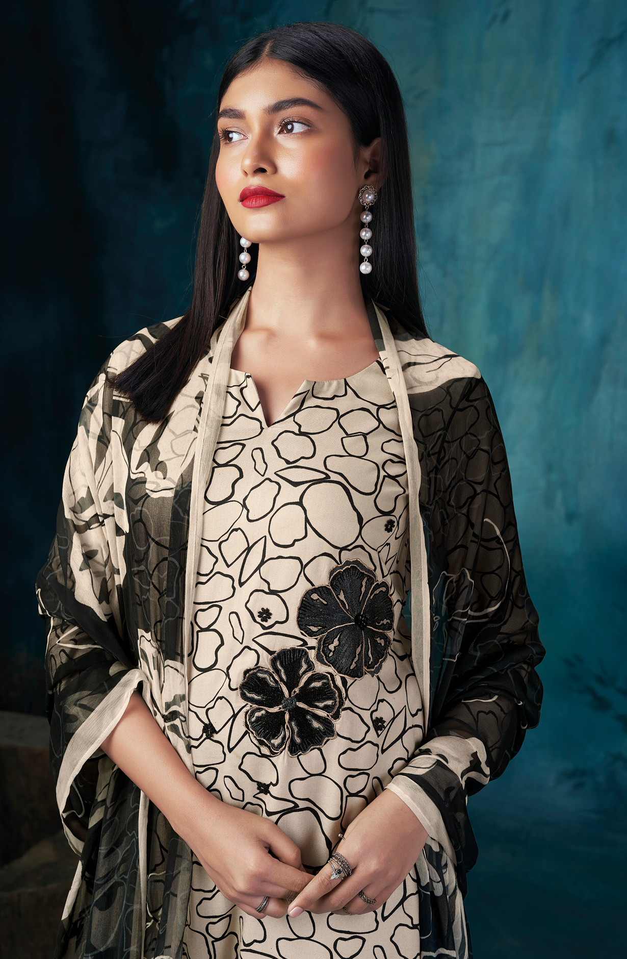 Off-white and Black Spun Unstitched Suit with Chiffon Dupatta - QUIS2071A
