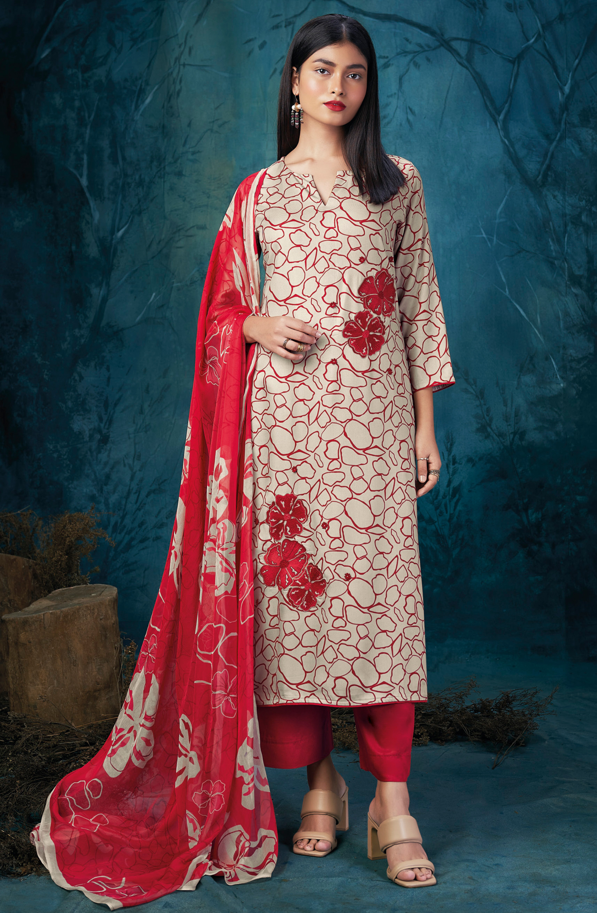 Off-white and Red Spun Unstitched Suit with Chiffon Dupatta - QUIS2071B