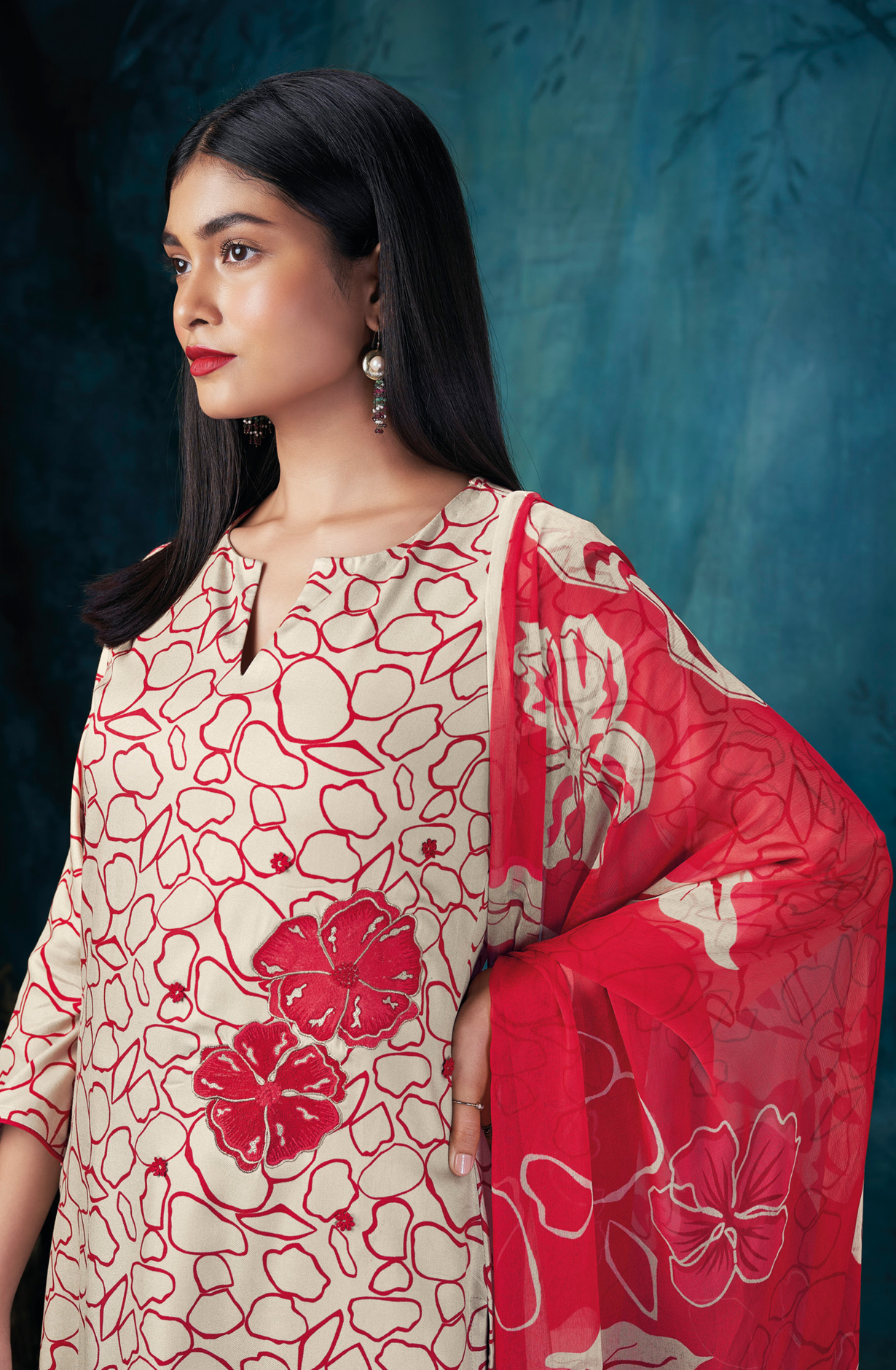Off-white and Red Spun Unstitched Suit with Chiffon Dupatta - QUIS2071B