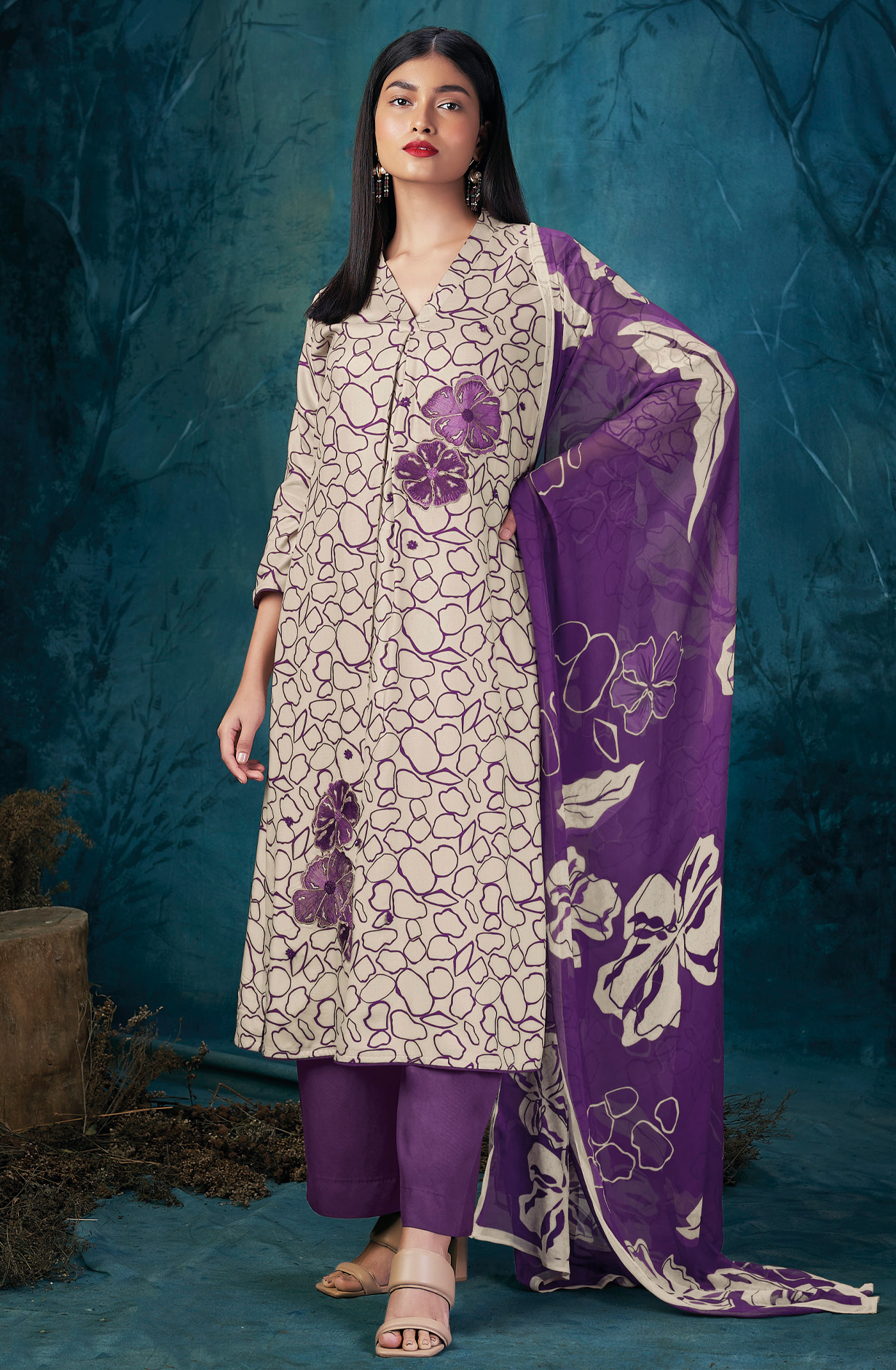 Off-white and Purple Spun Unstitched Suit with Chiffon Dupatta - QUIS2071C