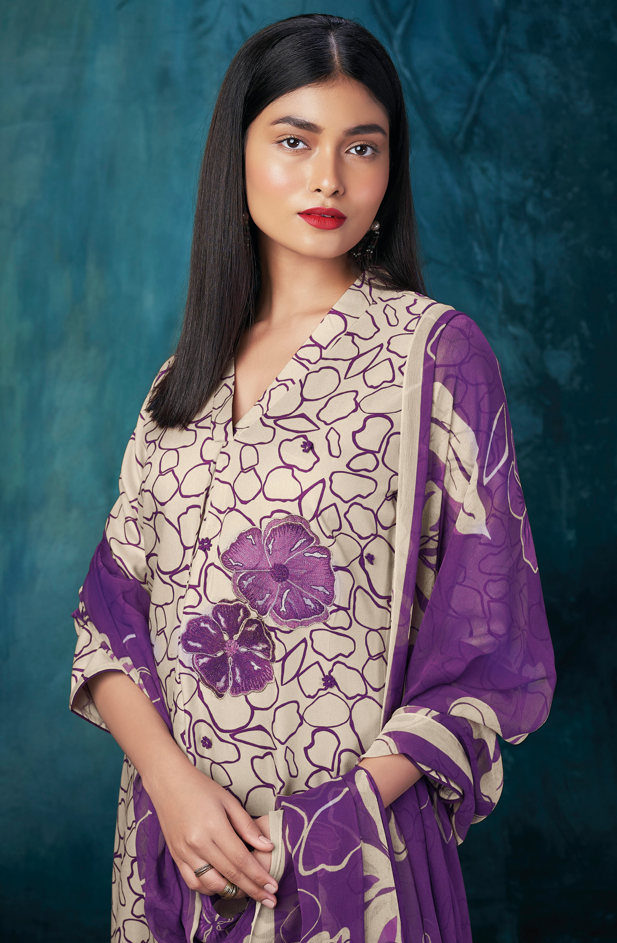 Off-white and Purple Spun Unstitched Suit with Chiffon Dupatta - QUIS2071C