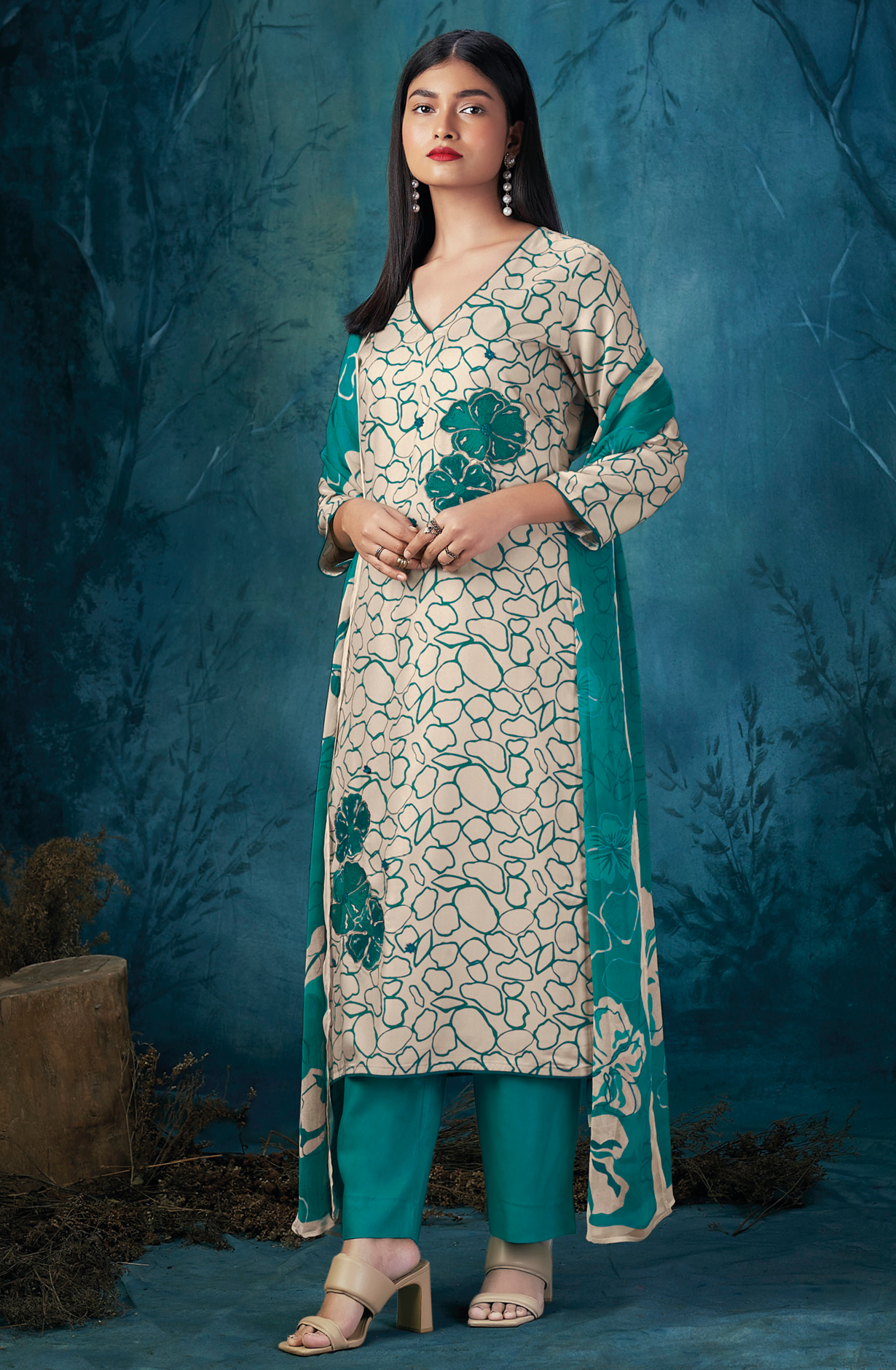 Off-white and Firozi Spun Unstitched Suit with Chiffon Dupatta - QUIS2071D