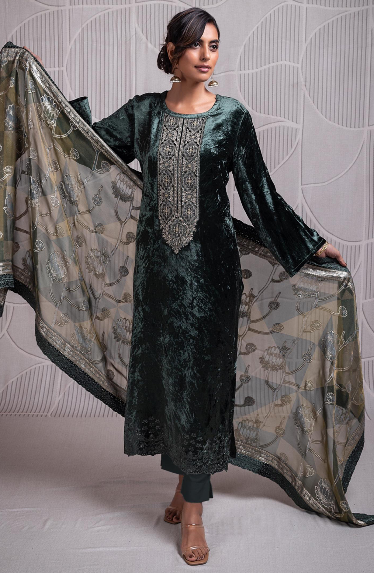 Green Pure Velvet Suit with Pure Organza Digital Printed Silk Dupatta- QUN2340
