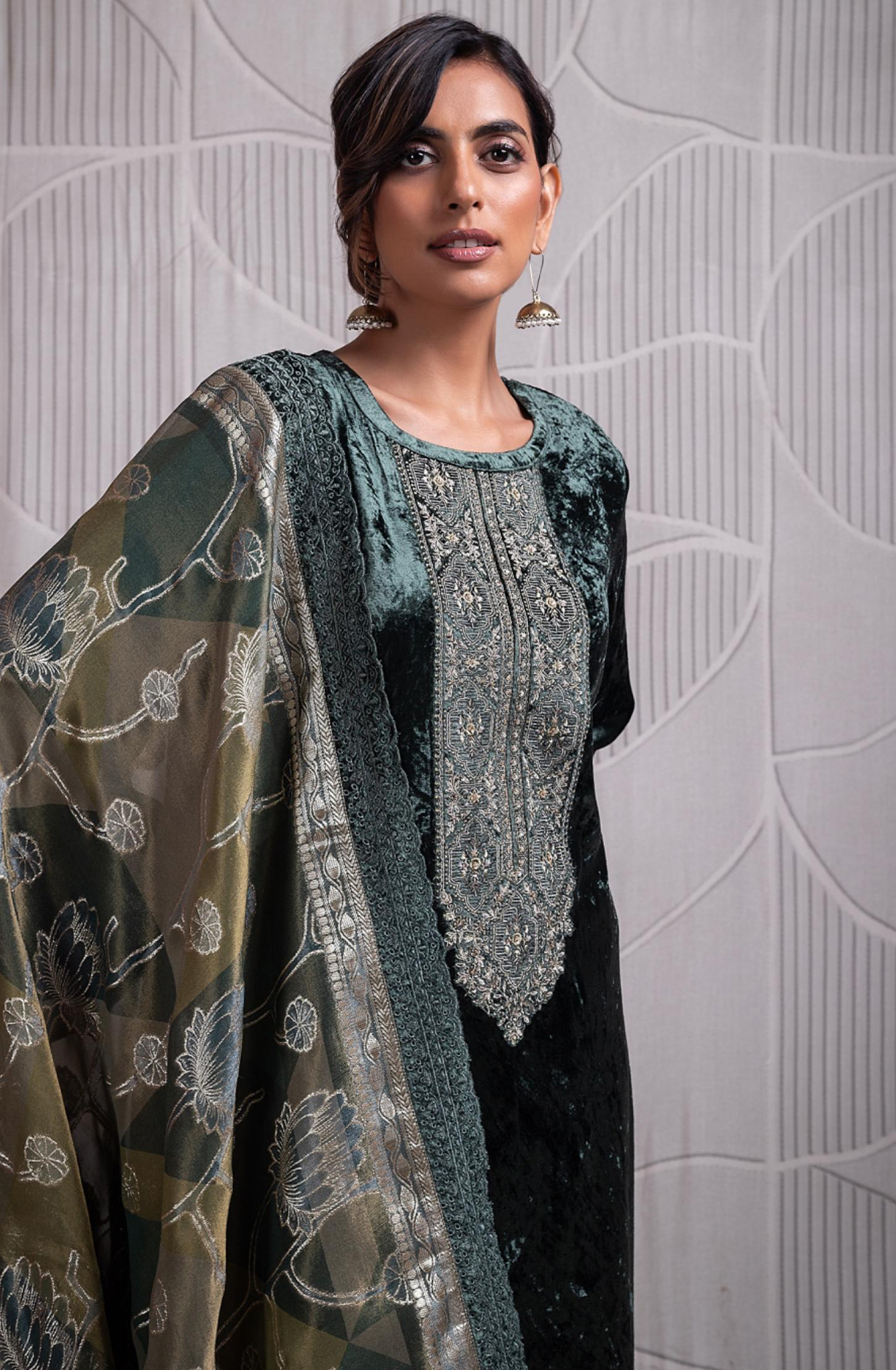 Green Pure Velvet Suit with Pure Organza Digital Printed Silk Dupatta- QUN2340