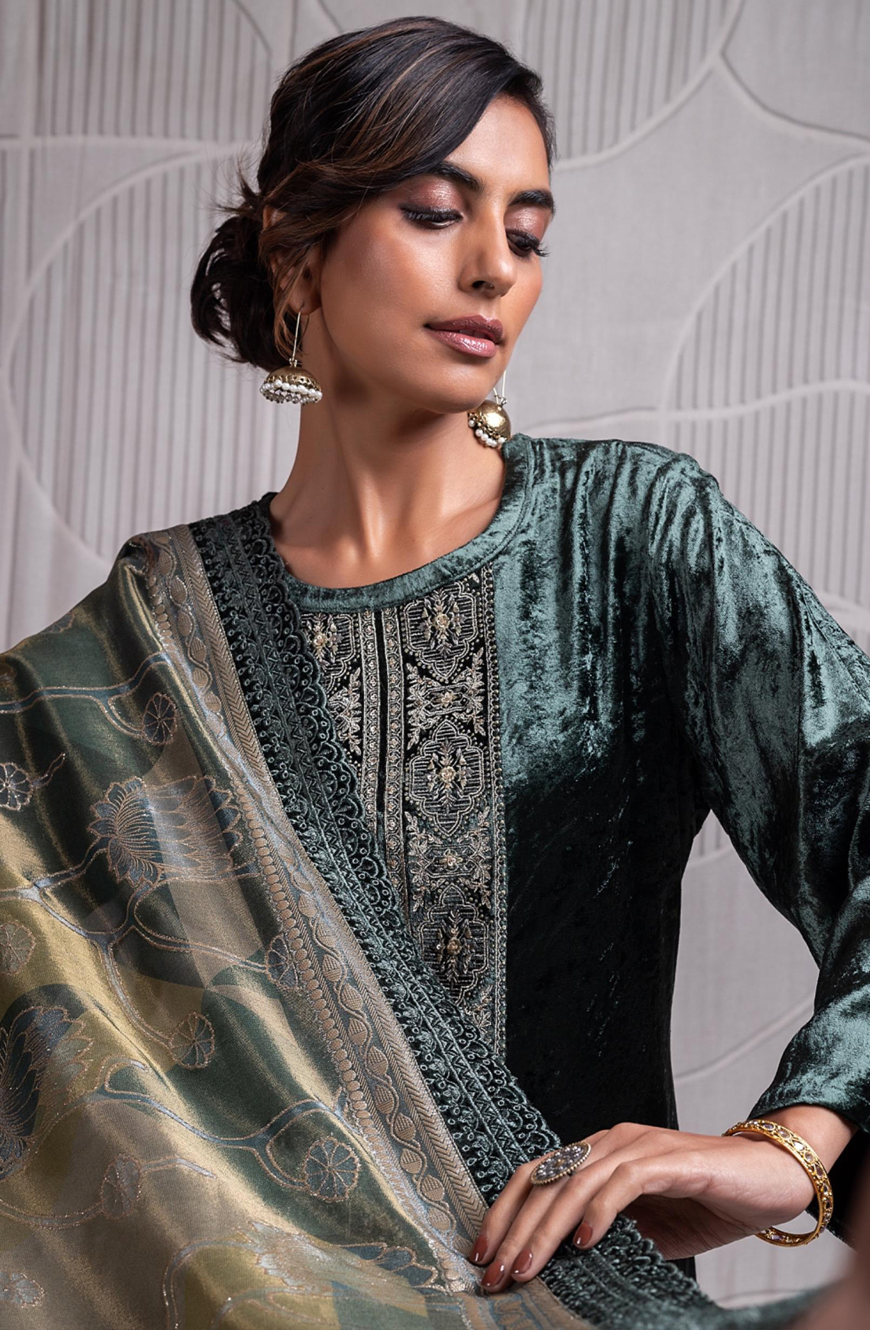 Green Pure Velvet Suit with Pure Organza Digital Printed Silk Dupatta- QUN2340