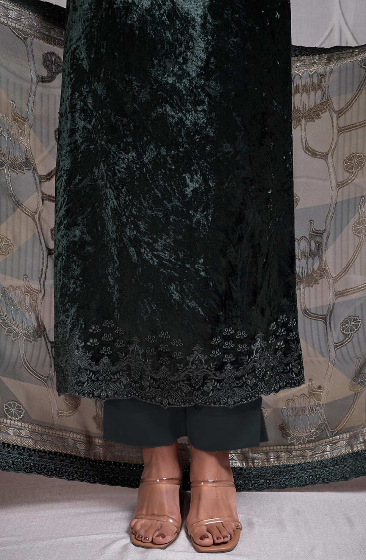 Green Pure Velvet Suit with Pure Organza Digital Printed Silk Dupatta- QUN2340