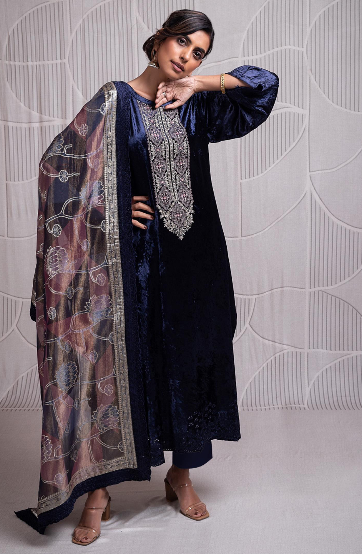 Indigo Blue Pure Velvet Suit with Pure Organza Digital Printed Silk Dupatta- QUN2340B