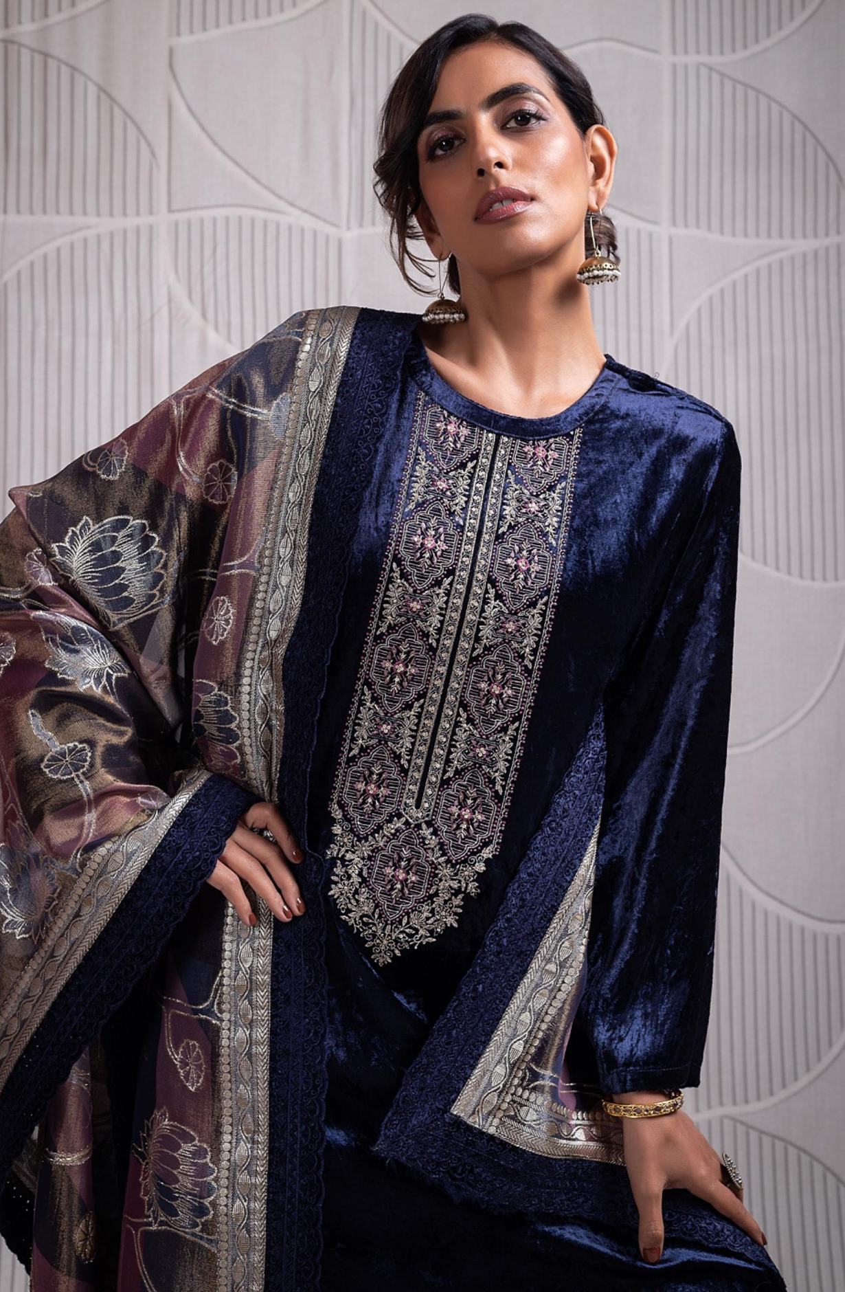 Indigo Blue Pure Velvet Suit with Pure Organza Digital Printed Silk Dupatta- QUN2340B