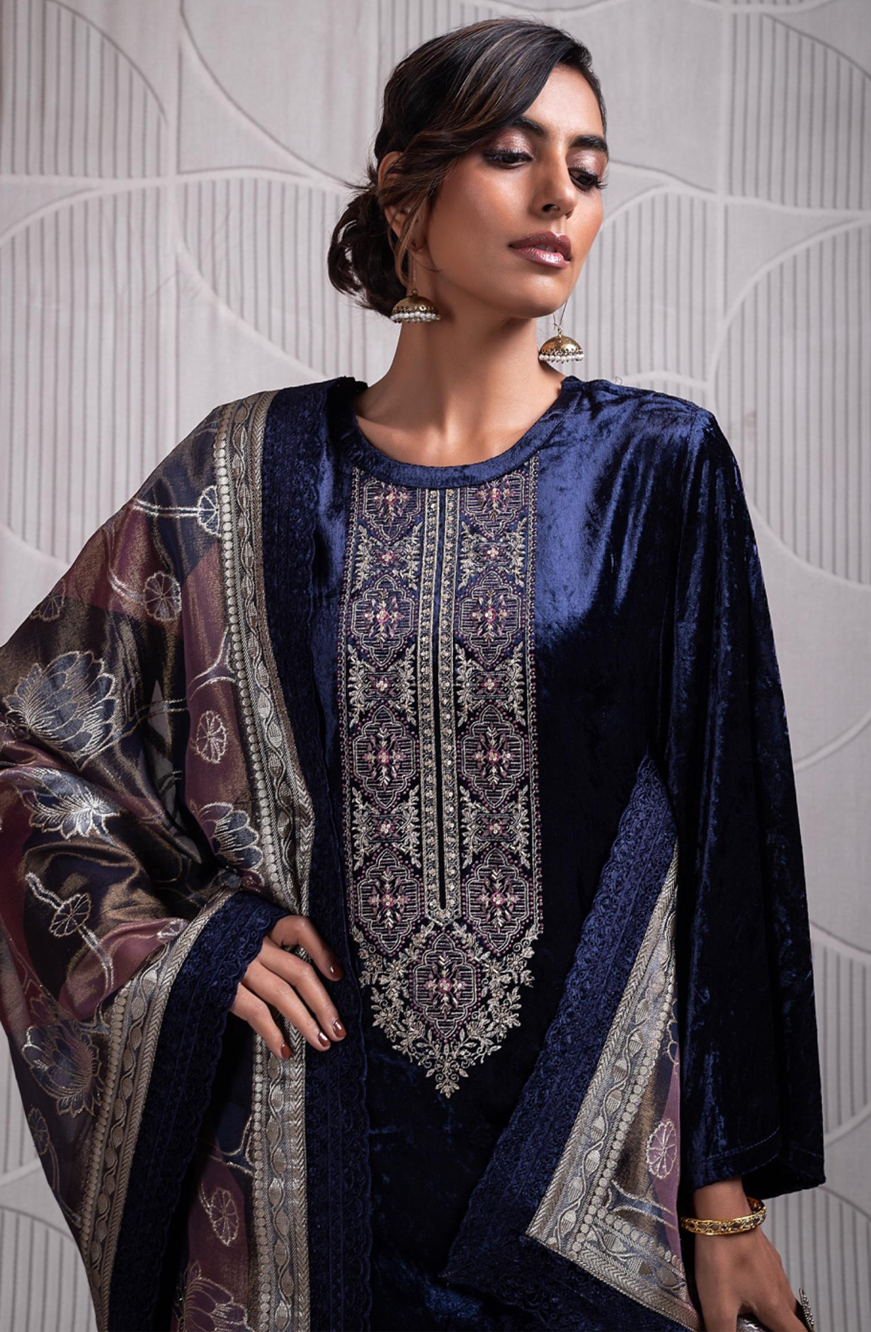 Indigo Blue Pure Velvet Suit with Pure Organza Digital Printed Silk Dupatta- QUN2340B