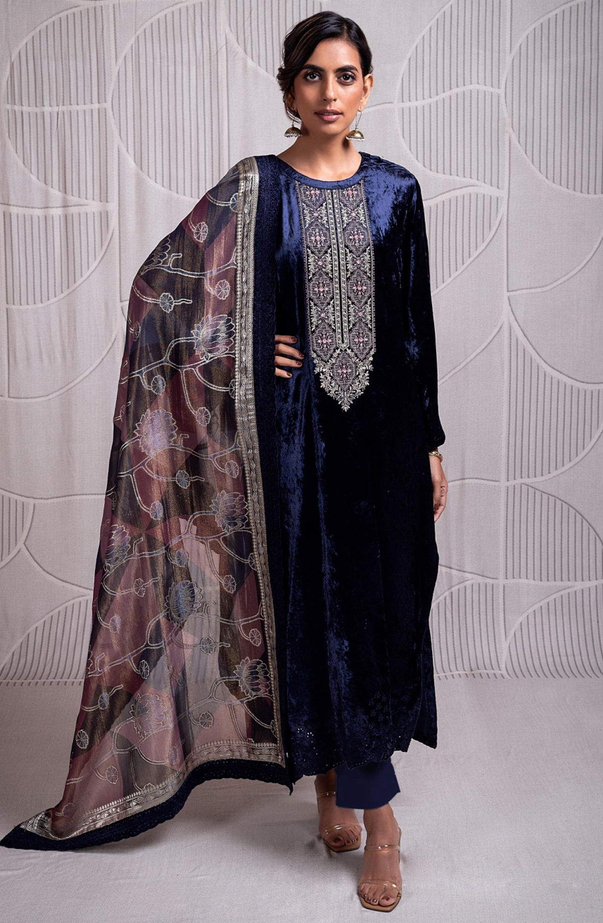 Indigo Blue Pure Velvet Suit with Pure Organza Digital Printed Silk Dupatta- QUN2340B