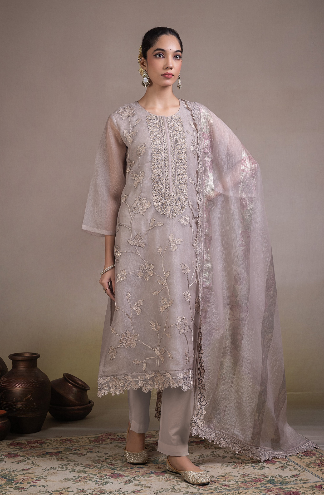 Fawn Banarsi tissue crush Unstitched Suit Set with Beautiful Dupatta - R157-SPR2840A