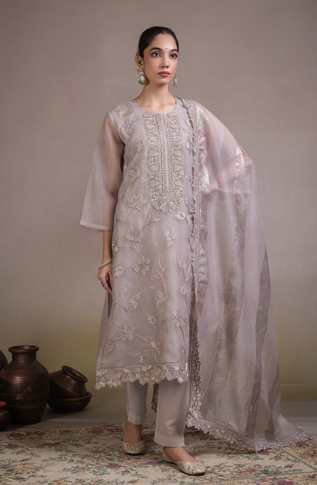 Image of Fawn Banarsi tissue crush Unstitched Suit Set with Beautiful Dupatta - R157-SPR2840A