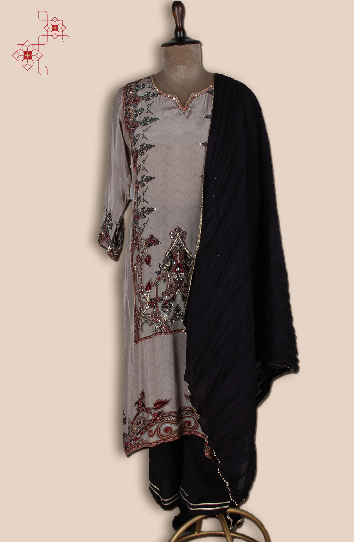 Beige Crepe Designer Stitched Salwar Kameez with Chiffon Dupatta - R107-2887