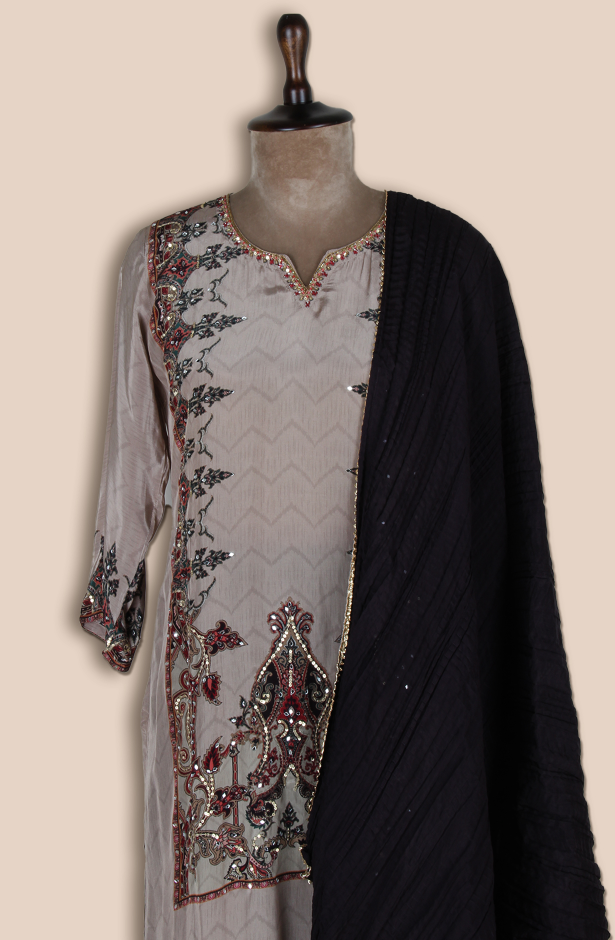 Beige Crepe Designer Stitched Salwar Kameez with Chiffon Dupatta - R107-2887