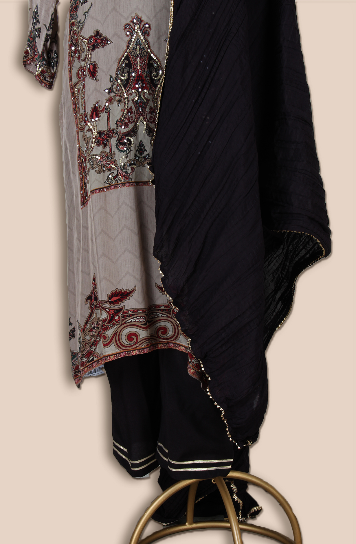 Beige Crepe Designer Stitched Salwar Kameez with Chiffon Dupatta - R107-2887