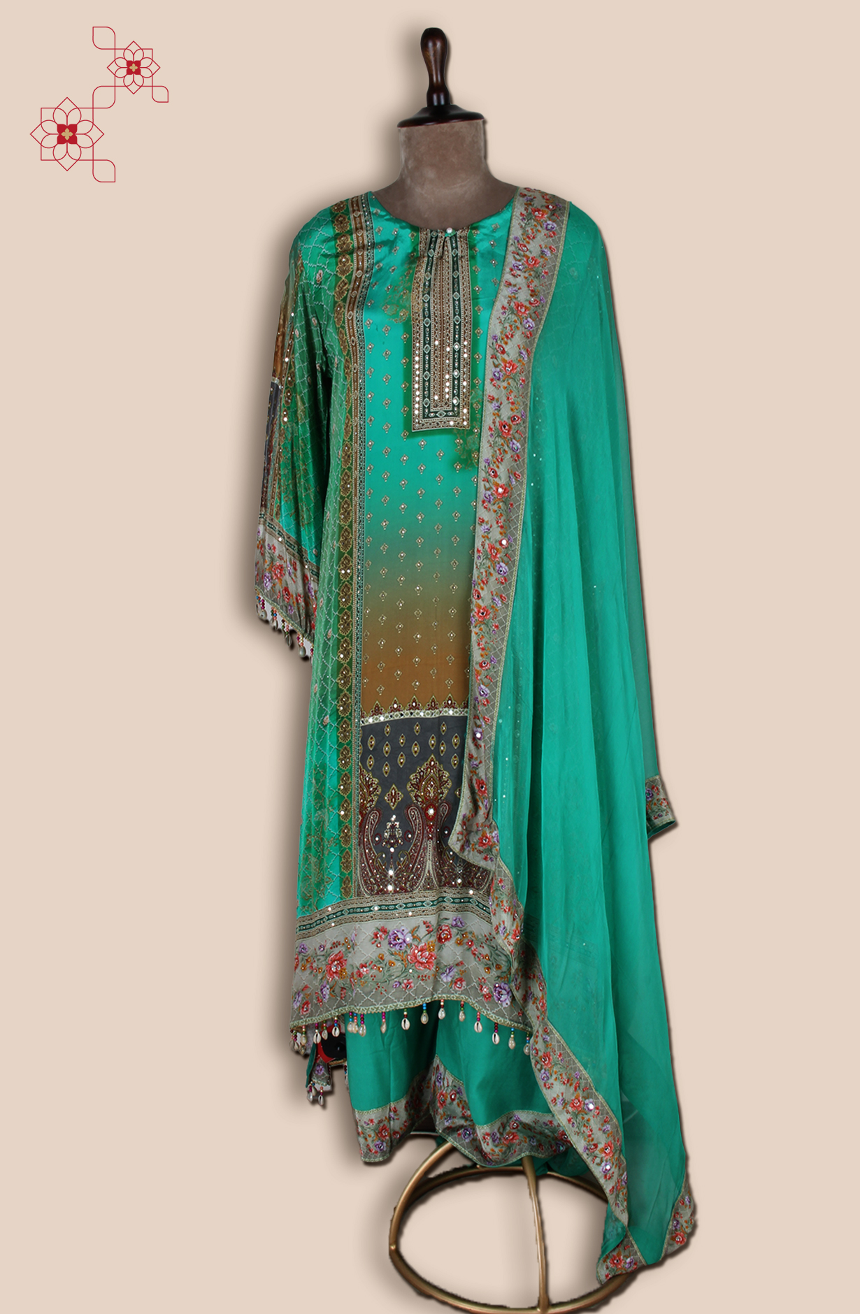 Green Crepe Designer Kaudi Work Stitched Palazzo Salwar Kameez - R107-3165A