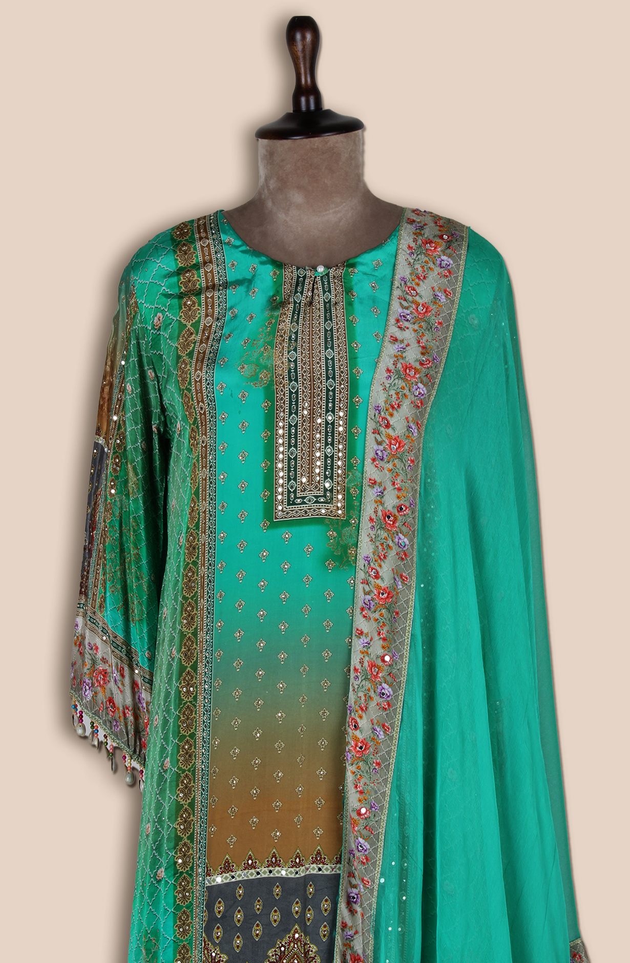 Green Crepe Designer Kaudi Work Stitched Palazzo Salwar Kameez - R107-3165A