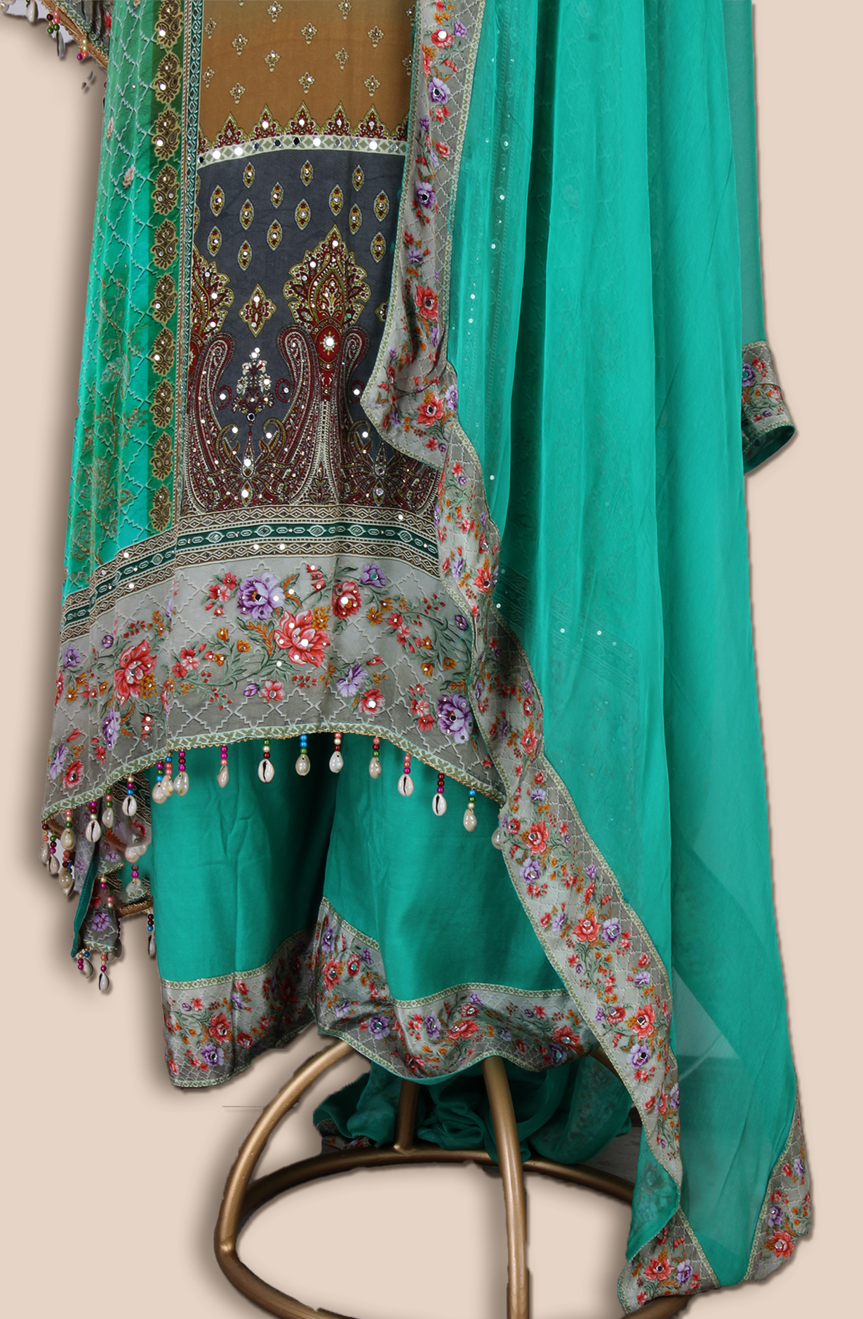 Green Crepe Designer Kaudi Work Stitched Palazzo Salwar Kameez - R107-3165A