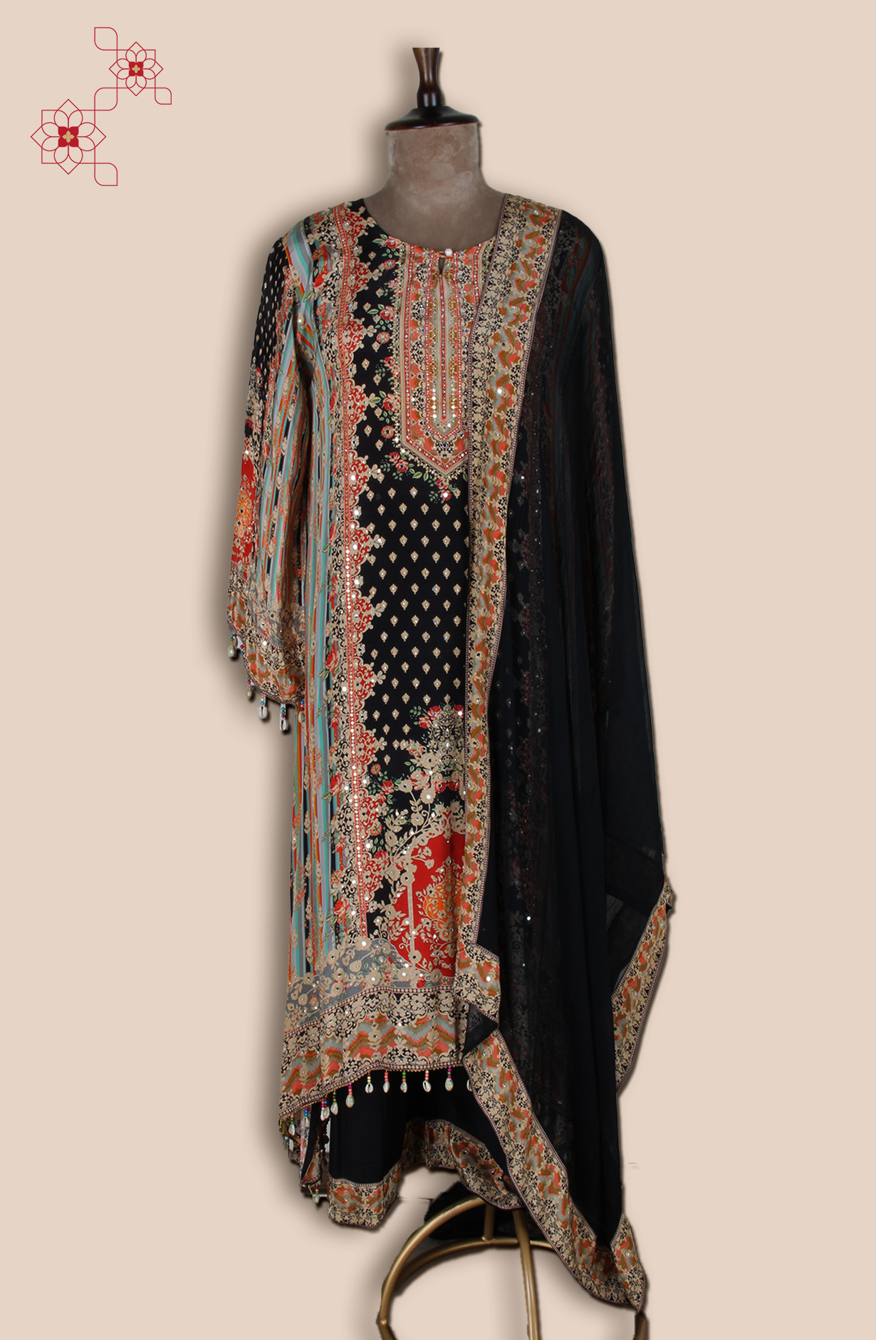 Black Crepe Designer Kaudi Work Stitched Palazzo Salwar Kameez - R107-3166A