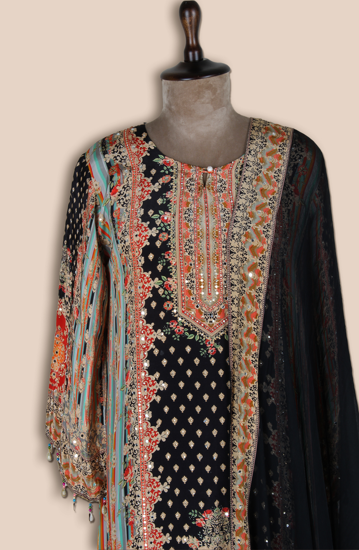 Black Crepe Designer Kaudi Work Stitched Palazzo Salwar Kameez - R107-3166A