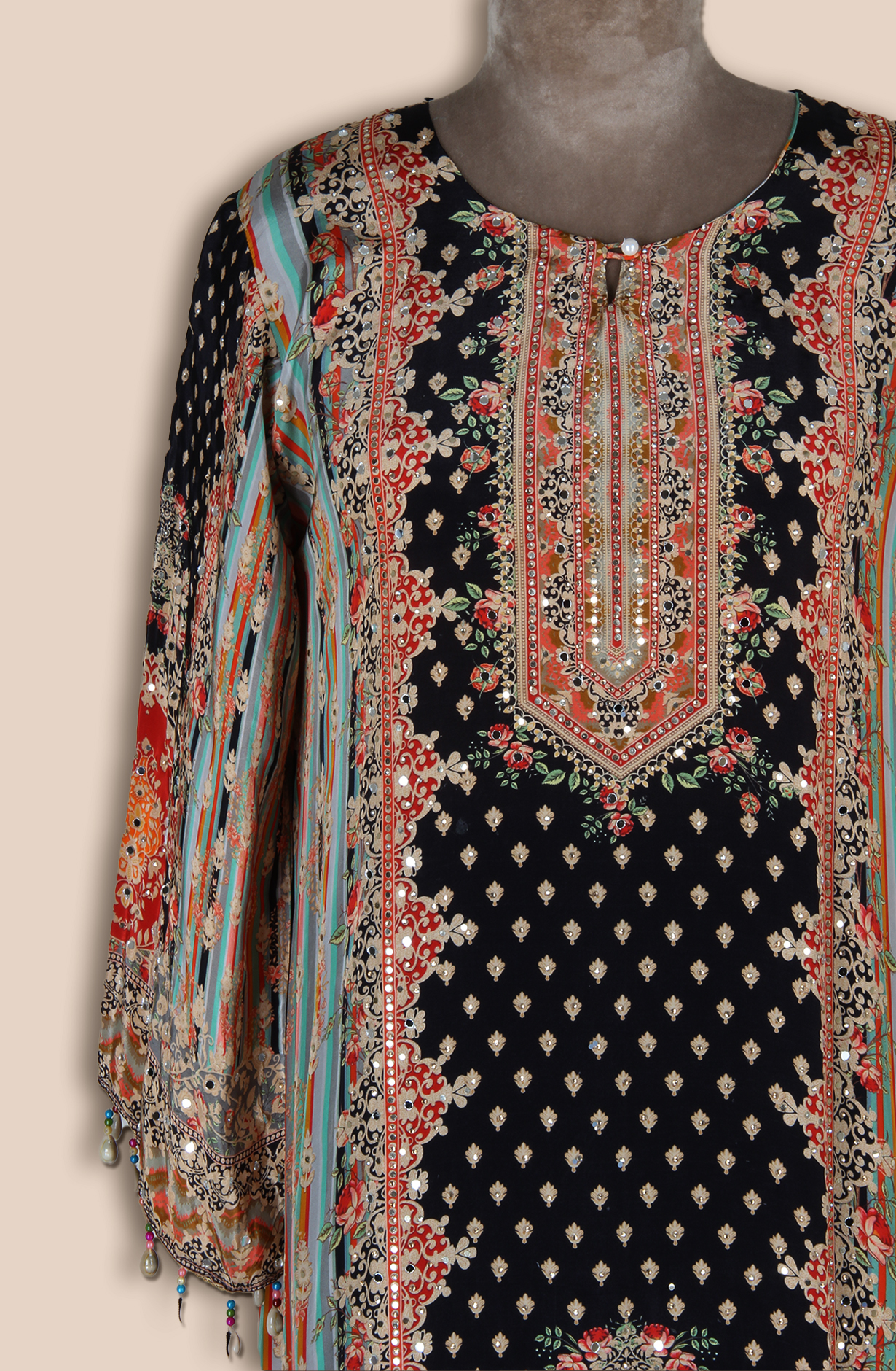 Black Crepe Designer Kaudi Work Stitched Palazzo Salwar Kameez - R107-3166A