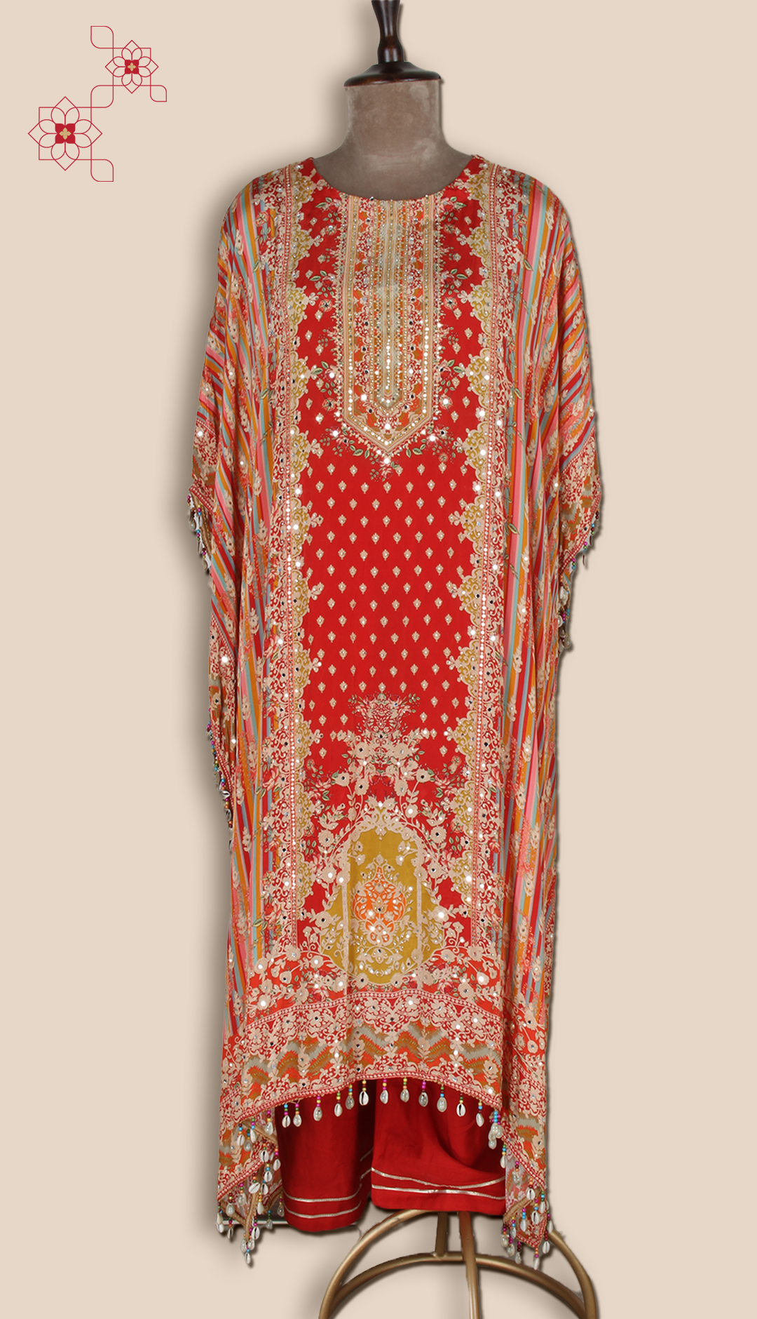 Red Designer Crepe Kaaftan Style Kameez with Pants - R107-3167