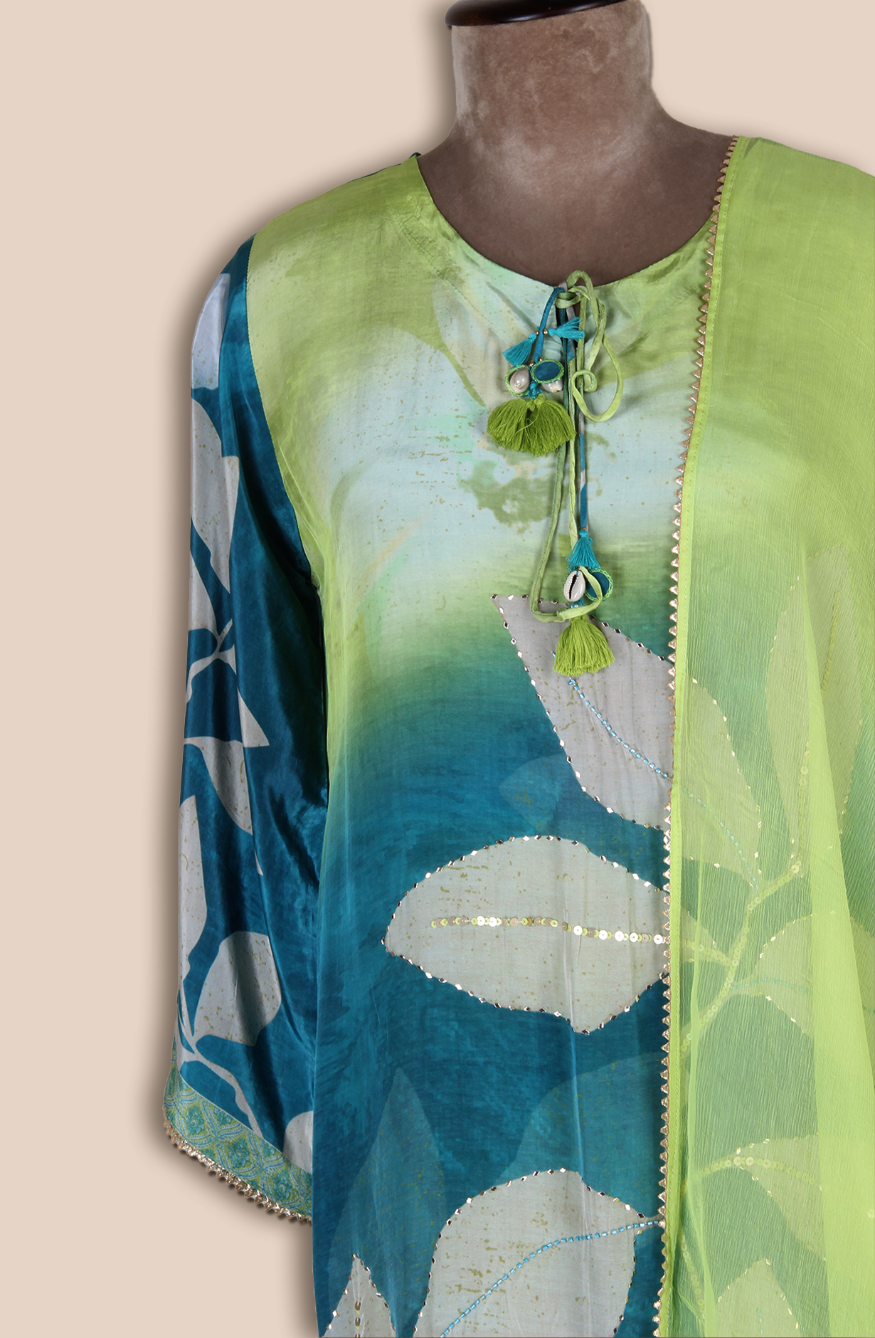 Lime Green Muslin Stitched Salwar Kameez with Chiffon Dupatta - R107-3190