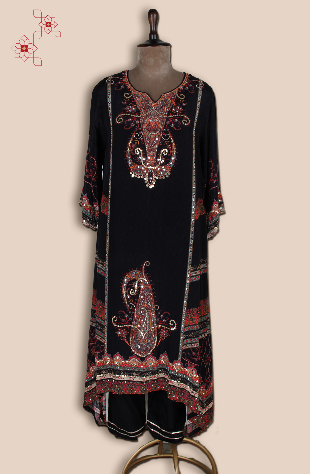 Black Crepe Designer Stitched Salwar Kameez with Chiffon Dupatta - R107-3213