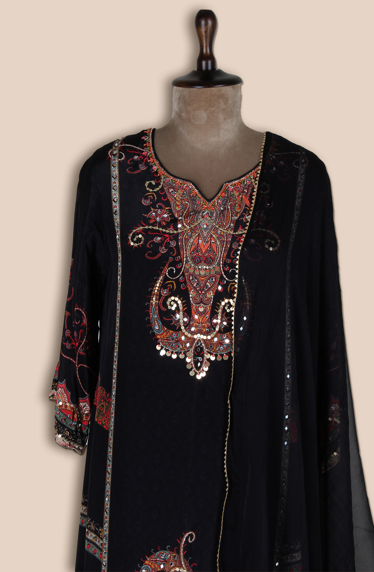 Black Crepe Designer Stitched Salwar Kameez with Chiffon Dupatta - R107-3213